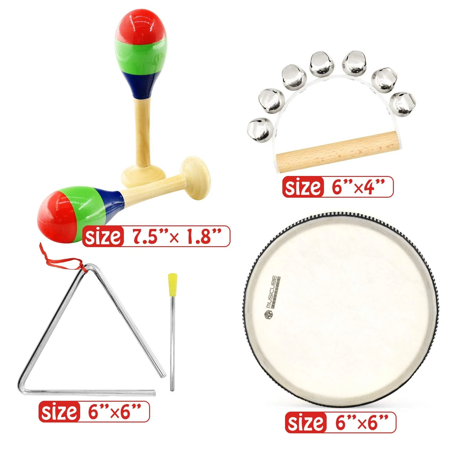 MUSICUBE 7 Pcs Musical Instrument Toys Set for Kids Wooden Percussion Instrument with Hand Drum, Maracas, Triangles, Hand Bell Educational Instrument for Toddler Birthday Gift for Boys Girls Aged 3+ - Image 7