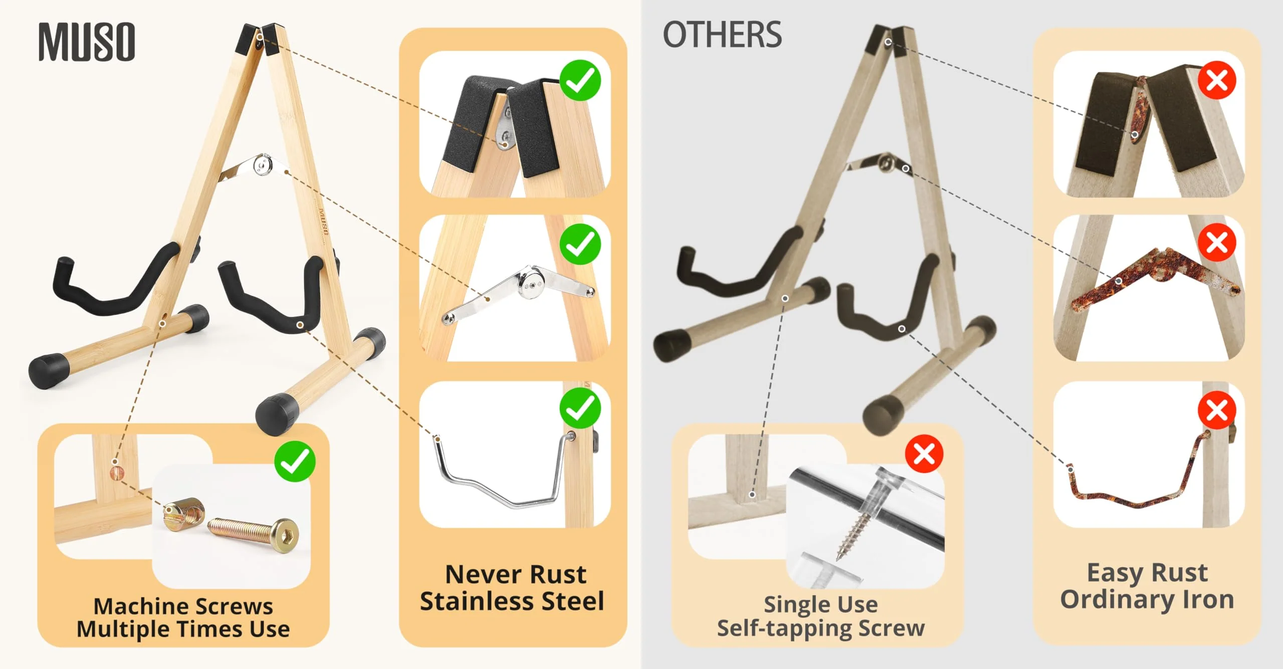MUSO Guitar Stand,Acoustic Guitar Stand,Wood Classical Electric Guitar Stand,Foldable Bass Guitar Stand,Guitar Accessories also fit Bass,Violin,Ukulele (Bamboo) Bamboo - Image 4