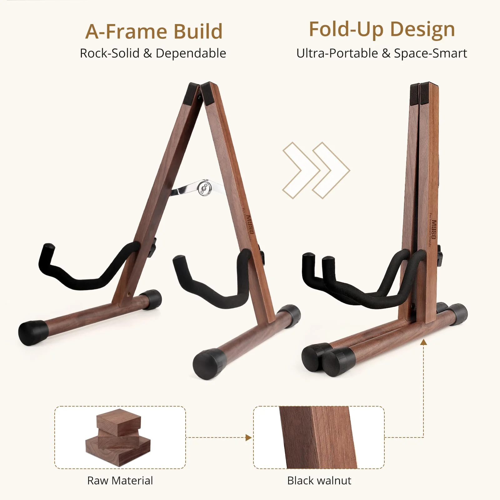 MUSO Guitar Stand,Acoustic Guitar Stand,Wood Classical Electric Guitar Stand,Foldable Bass Guitar Stand,Guitar Accessories also fit Bass,Violin,Ukulele(America Black Walnut) America Black Walnut - Image 2