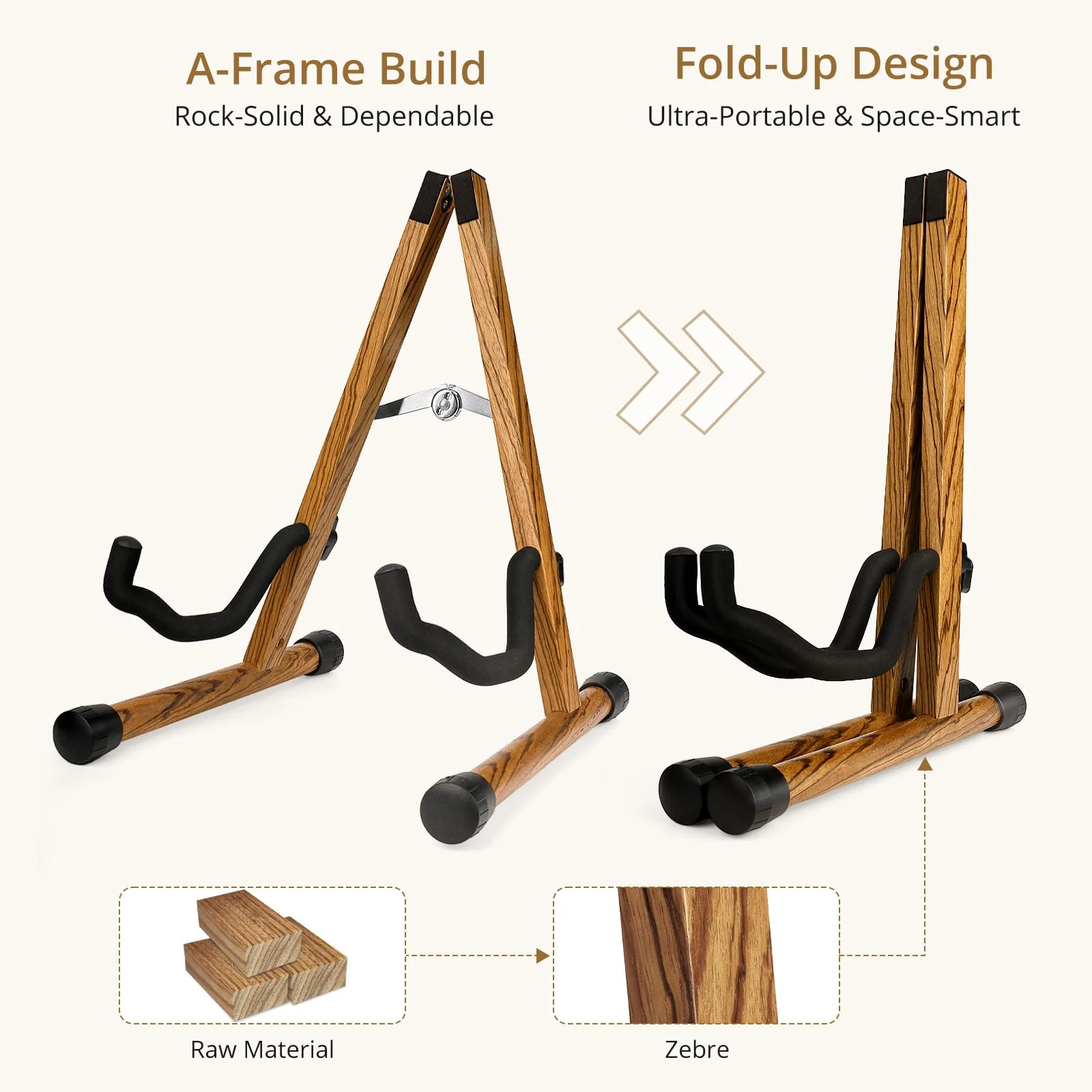 MUSO Guitar Stand,Acoustic Guitar Stand,Wood Classical Electric Guitar Stand,Foldable Bass Guitar Stand,Guitar Accessories also fit Bass,Violin,Ukulele(Zebra) Zebra - Image 2
