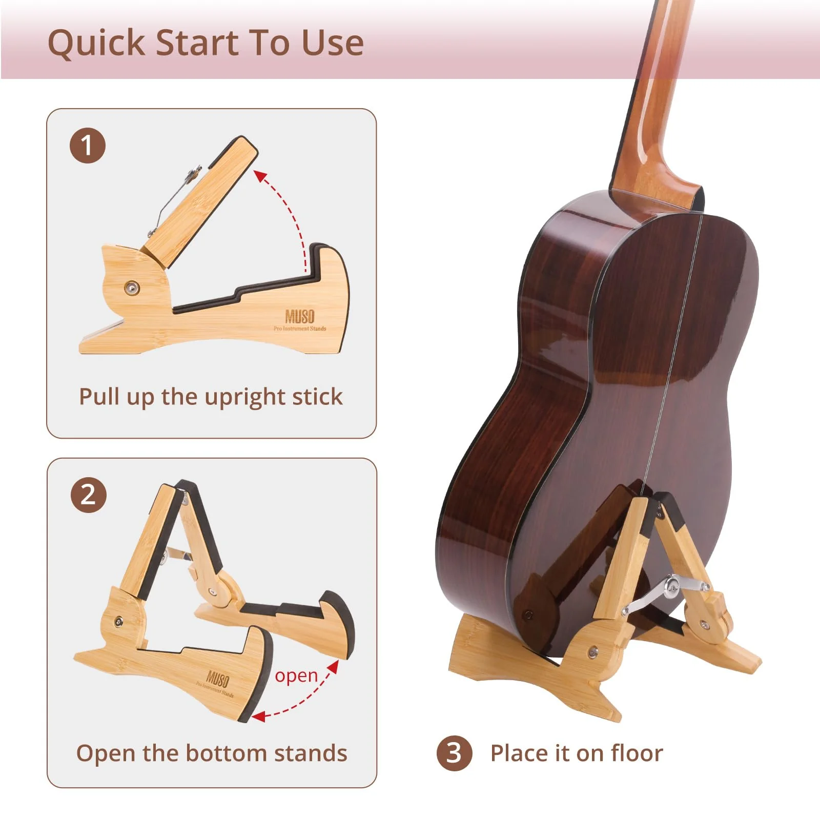 MUSO Guitar Stand Tripod Adjustable Classic Wood Stand Universal for Acoustic and Bass Electric Guitars Folding Floor Travel Stand Small Single Holder Bamboo - Image 3