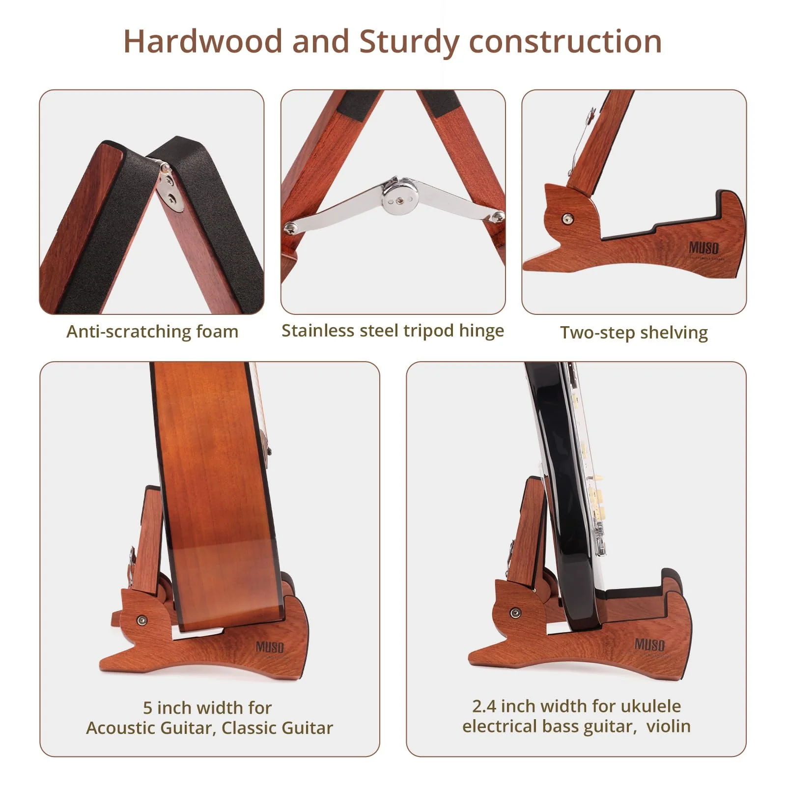 MUSO Guitar Stand Tripod Adjustable Classic Wood Stand Universal for Acoustic and Bass Electric Guitars Folding Floor Travel Stand Small Single Holder Bamboo - Image 4