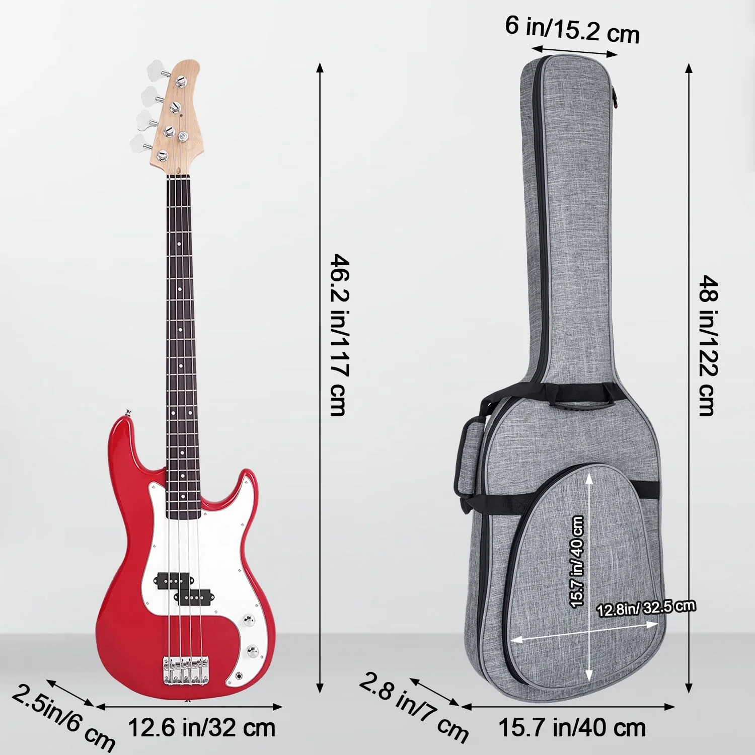 MUZNOTE 47 Inch Bass Guitar Bag 0.35 inch Padding Bass Guitar Case Electric Bass Case, Electric Bass Gig Bag Backpack with Neck Strap and Pockets, Grey - Image 2