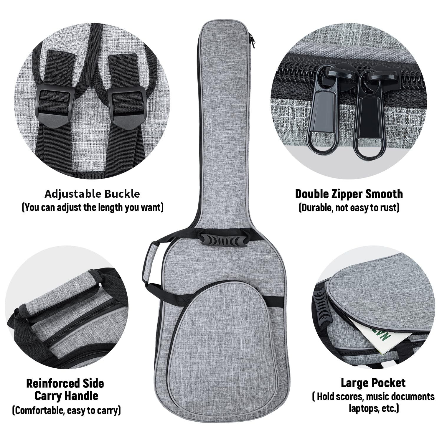 MUZNOTE 47 Inch Bass Guitar Bag 0.35 inch Padding Bass Guitar Case Electric Bass Case, Electric Bass Gig Bag Backpack with Neck Strap and Pockets, Grey - Image 3
