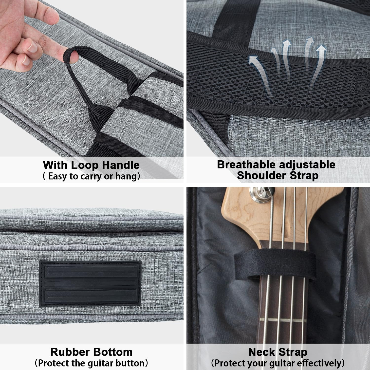 MUZNOTE 47 Inch Bass Guitar Bag 0.35 inch Padding Bass Guitar Case Electric Bass Case, Electric Bass Gig Bag Backpack with Neck Strap and Pockets, Grey - Image 5