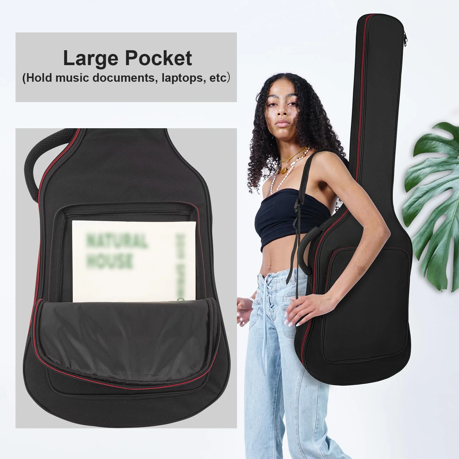 MUZNOTE Bass Guitar Bag, Bass Guitar Bag Gig Bag Backpack Electric Bass Guitar Case Soft 0.38 inch Padding Lightweight with Pockets Waterproof (Black) - Image 2