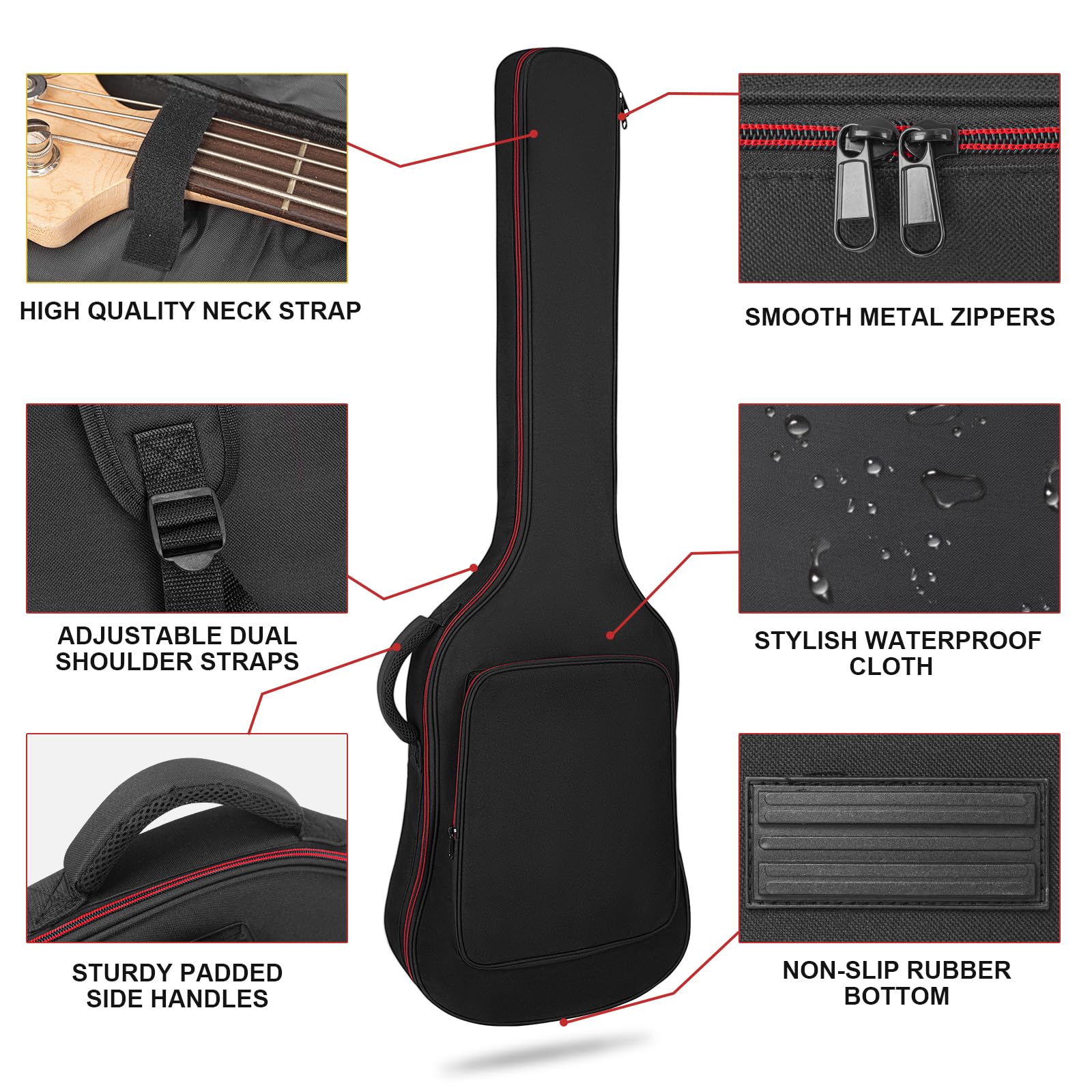 MUZNOTE Bass Guitar Bag, Bass Guitar Bag Gig Bag Backpack Electric Bass Guitar Case Soft 0.38 inch Padding Lightweight with Pockets Waterproof (Black) - Image 4