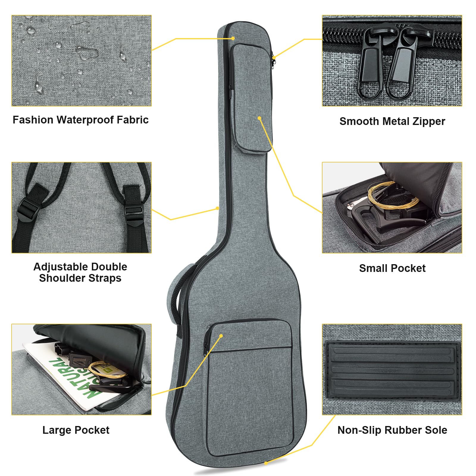 MUZNOTE Bass Guitar Bag Gig Bag Backpack Electric Bass Guitar Case Soft 0.38 inch Padding Lightweight with Pockets Waterproof (Grey) Bass Guitar Bag-6mm - Image 2