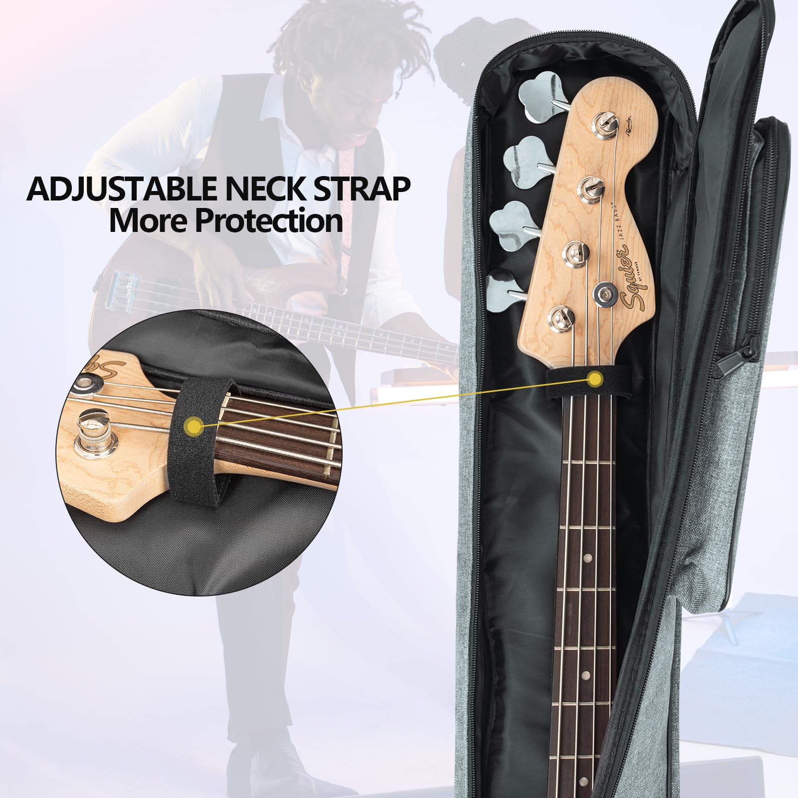 MUZNOTE Bass Guitar Bag Gig Bag Backpack Electric Bass Guitar Case Soft 0.38 inch Padding Lightweight with Pockets Waterproof (Grey) Bass Guitar Bag-6mm - Image 5