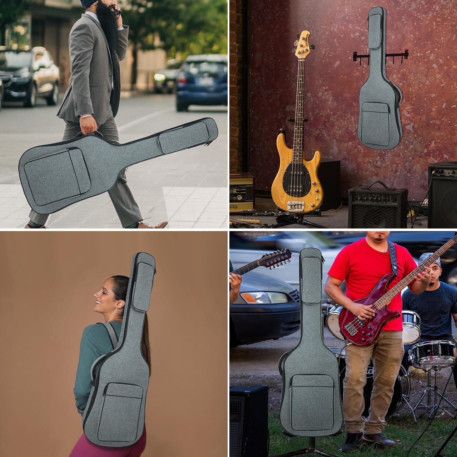 MUZNOTE Bass Guitar Bag Gig Bag Backpack Electric Bass Guitar Case Soft 0.38 inch Padding Lightweight with Pockets Waterproof (Grey) Bass Guitar Bag-6mm - Image 7