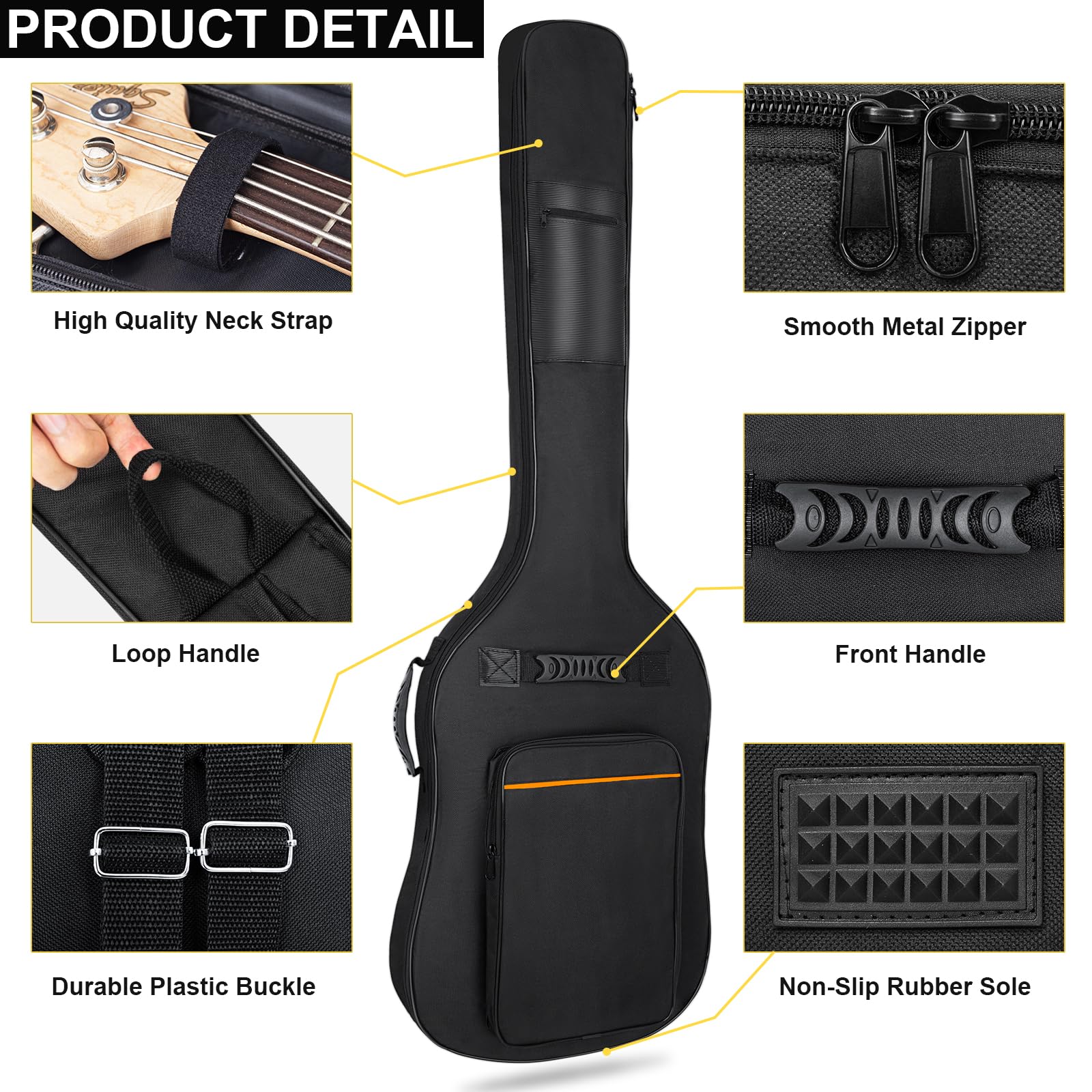 MUZNOTE Bass Guitar Case, Bass Guitar Gig Bag Backpack Padded Bass Guitar Bag Soft 0.35 inch Padding Lightweight Waterproof (Black) - Image 3
