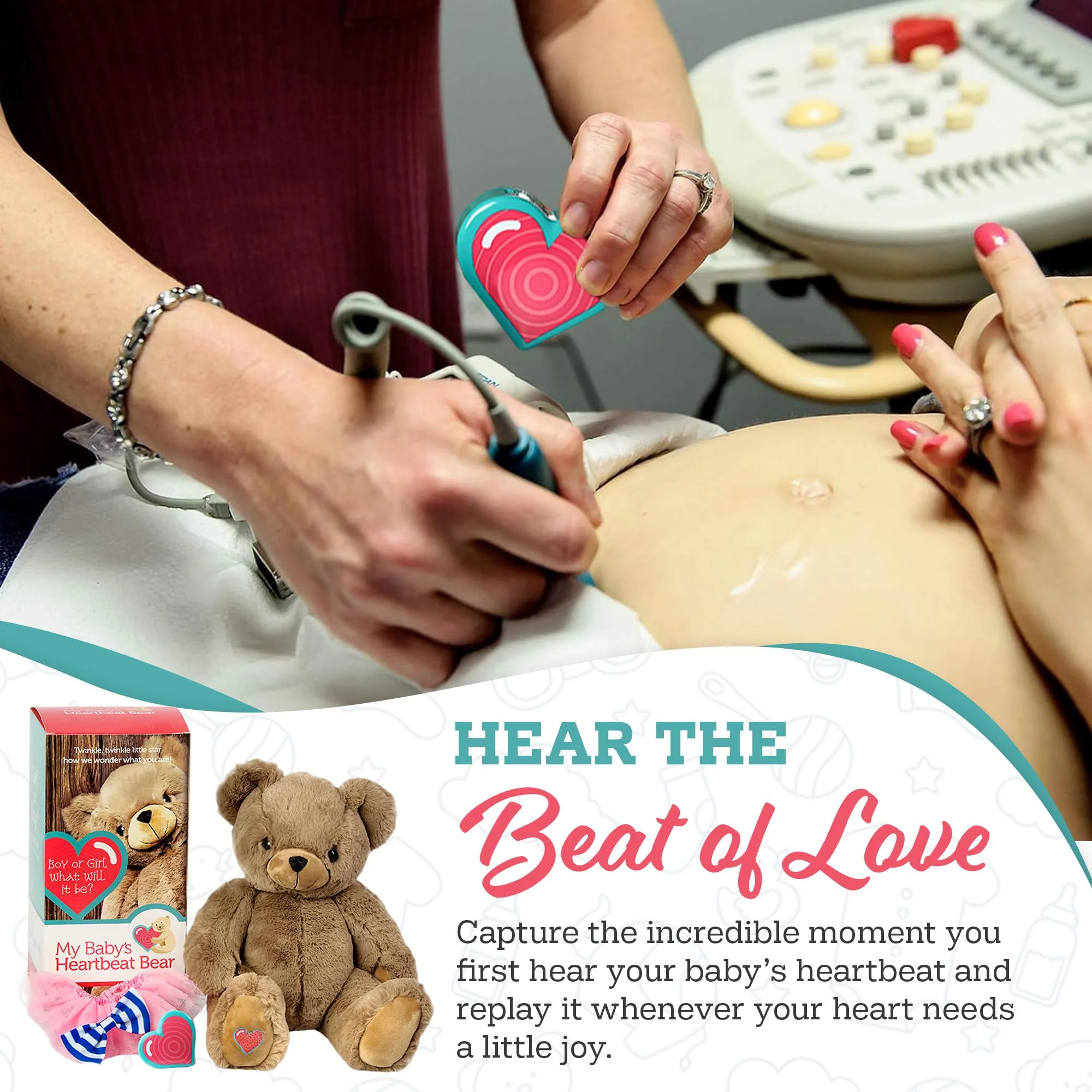 My Baby’s Heartbeat Bear, 20 Second Voice Recorder, Recordable Plush Keepsake, Heartbeat Recorder Memory Gift for Pregnancy and Expecting Parents, 8 Inch, Not a Medical Device, Hippo - Image 3