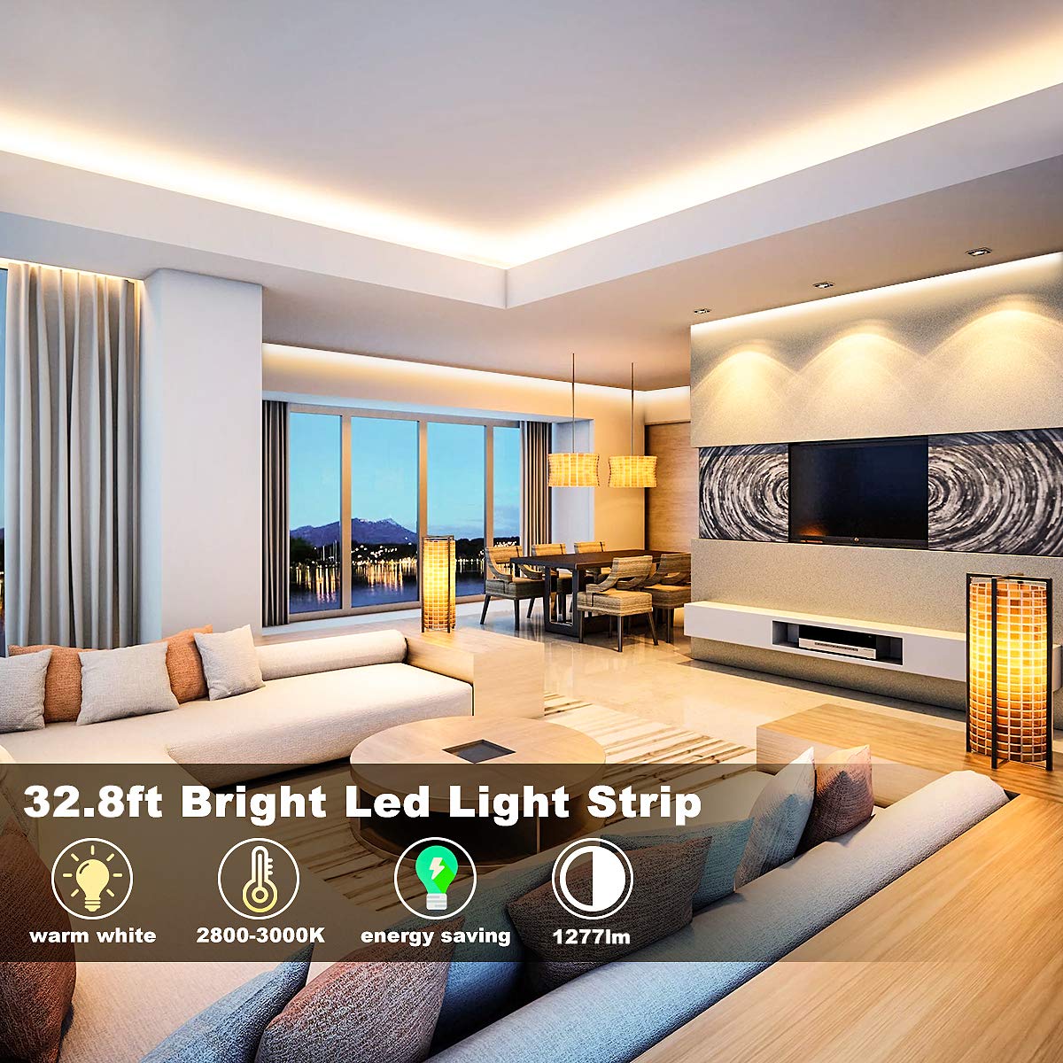 MY BEAUTY LIGHT LED Strip Lights Warm White,32.8ft Dimmable LED Light Strip with RF Remote,600 Bright 3000K 2835 LEDs,Plug-in Adhesive Rope Lights with Timing Mode for Living Room Bedroom Kitchen 32.8ft - Image 2