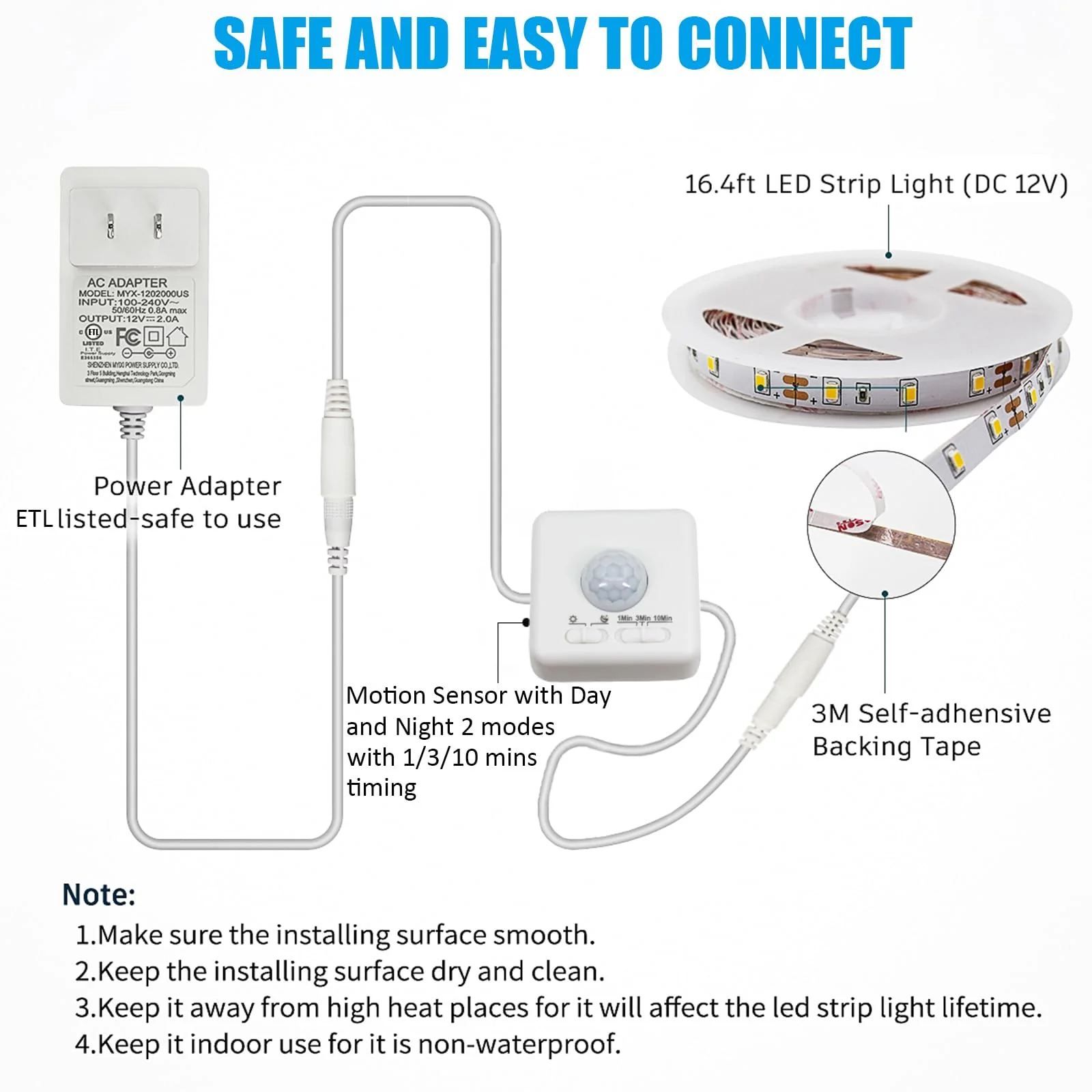 MY BEAUTY LIGHT Motion Activated LED Strip Lights, 16.4ft LED Light Strip with Day or Night 2 Lighting Modes, 3 Timing Off Modes, Bright White 12v Plug-in LED Rope Lights for Under Cabinet, Kitchen - Image 6