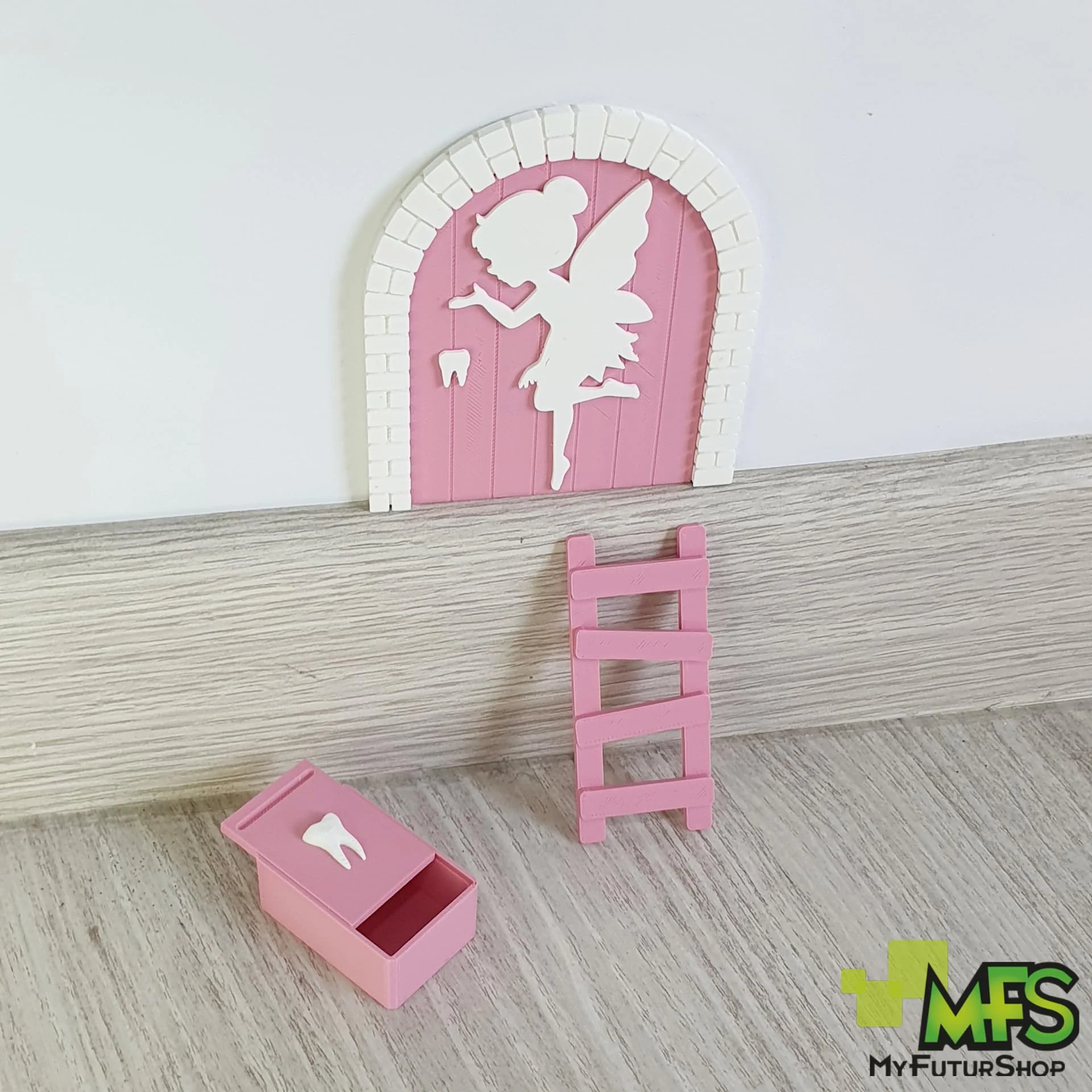 Myfuturshop® Magic Tooth Fairy Door, Box for Teeth, Ladder and 4 Tooth Certificates, French Version, Unique Gift for Boys and Girls, Wake Up the Magic (Pink) Pink - Image 2