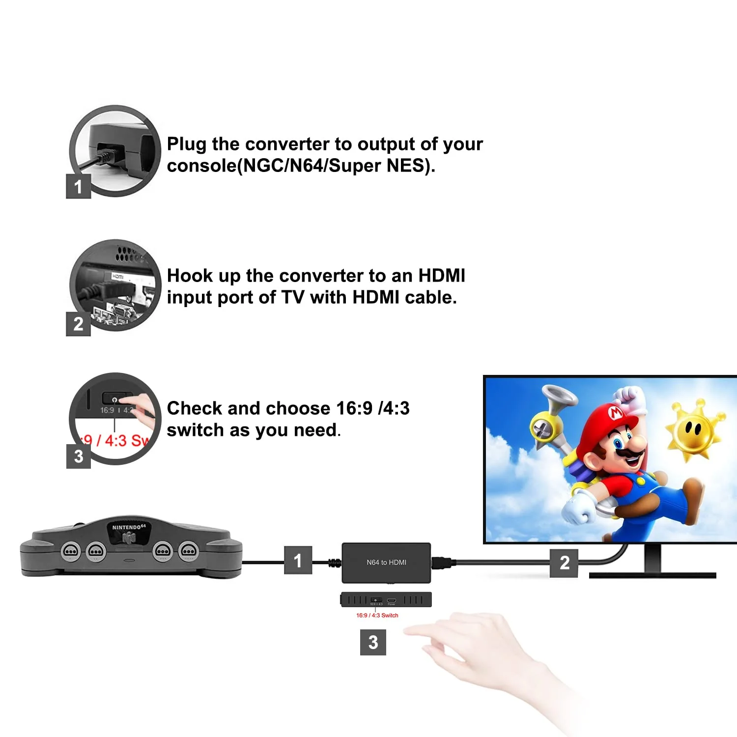 N64 to HDMI Converter Adapter Support 16:9/4:3 Conversion, HDMI Link Cable for N64 /SNES/NGC/SFC（Plug and Play） N64 Adapter - Image 3