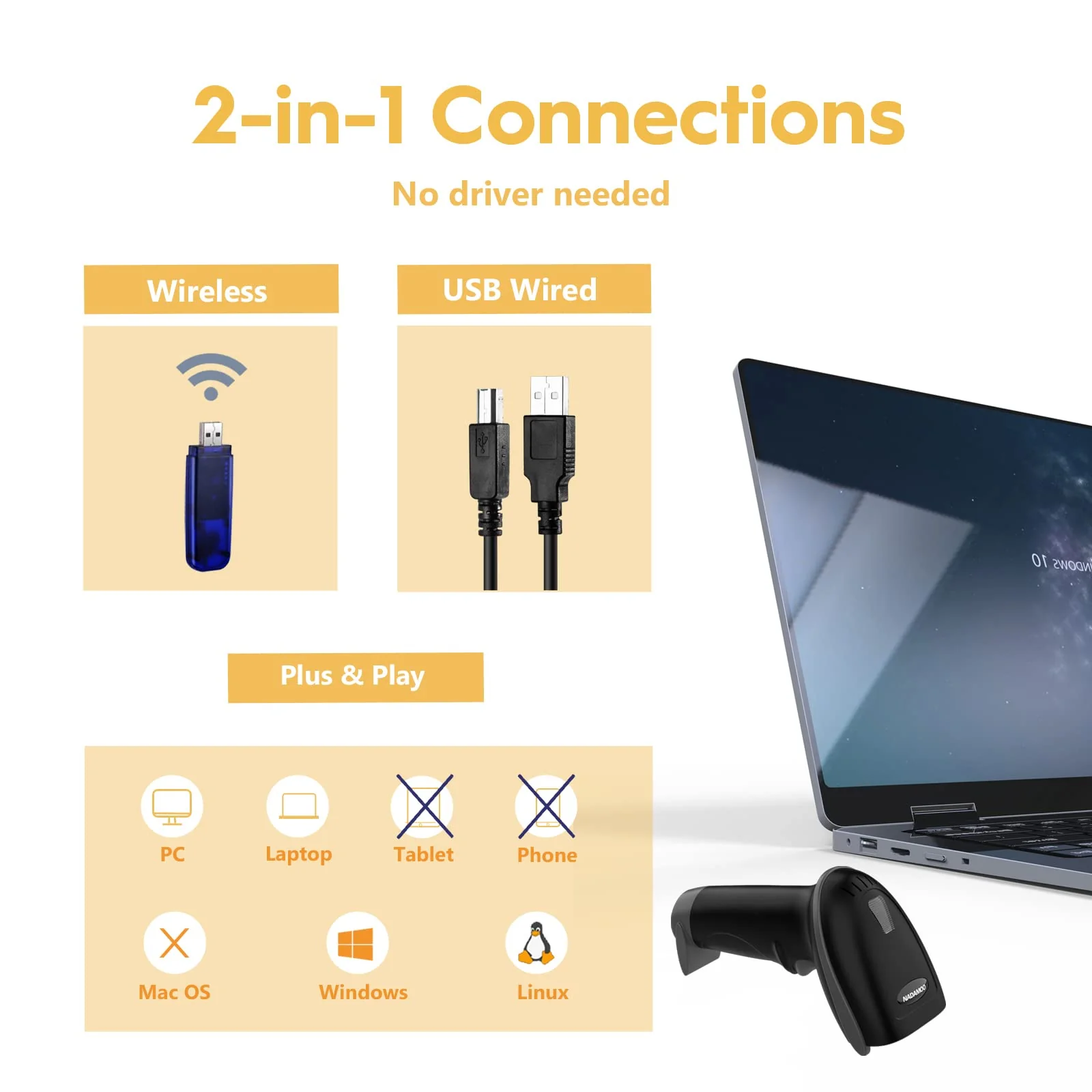 NADAMOO Wireless Barcode Scanner 328 Feet Transmission Distance USB Cordless 1D Laser Automatic Barcode Reader Handhold Bar Code Scanner with USB Receiver for Store, Supermarket, Warehouse - Black - Image 2