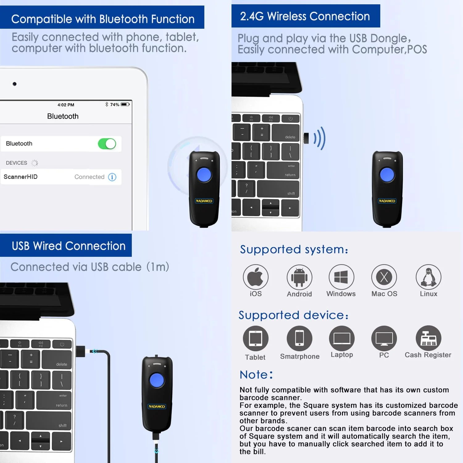 NADAMOO Wireless Barcode Scanner Compatible with Bluetooth Function, 2.4G Wireless & Wired 3-in-1 Bar Code Scanner Portable USB CCD Reader, Work with iPhone iPad Android Windows Mac OS-Dark Blue 1D Dark Blue - Image 2