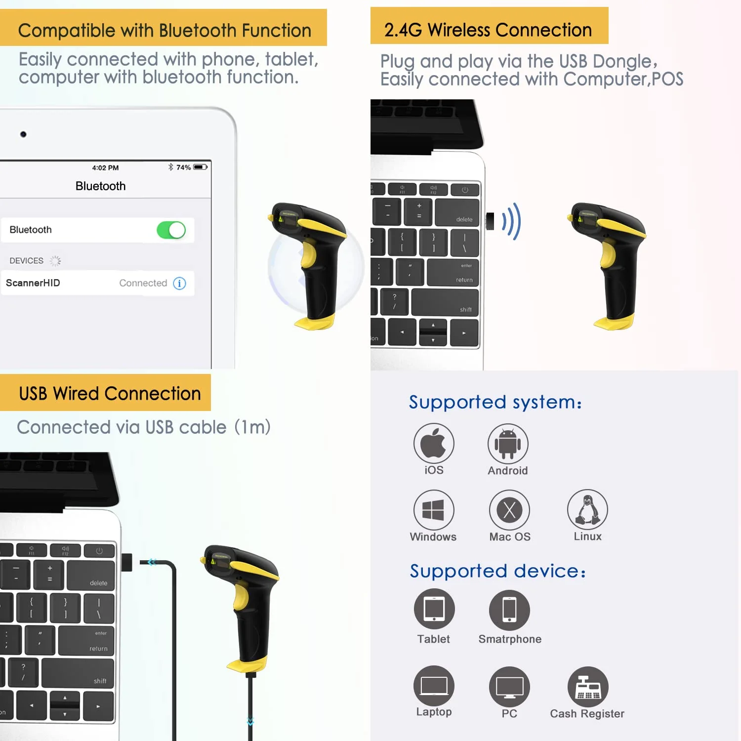 NADAMOO Wireless Barcode Scanner Compatible with Bluetooth, Handheld USB 1D Cordless Laser Bar Code Reader for Inventory, Work with Windows/Mac OS/Linux Computer, Made for iPhone, iPad, and Android - Image 2