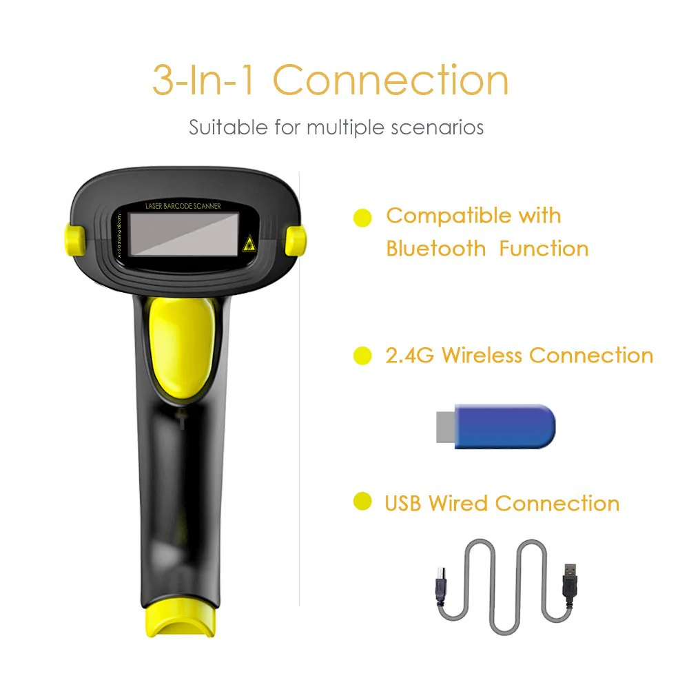 NADAMOO Wireless Barcode Scanner Compatible with Bluetooth, USB 1D Bar Code Reader for Inventory Management, Work with Windows/Mac OS/Linux Computer, Made for iPhone, iPad, and Android - Image 2