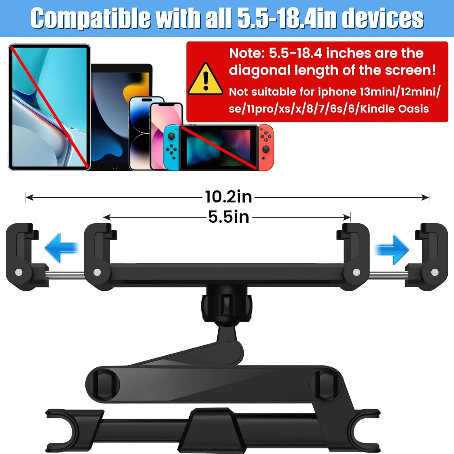 najiaxiaowu 2 Pack Tablet Holder for Car,ipad Headrest Mount for 5.5-18.4 Inch Tablet/ipad/Phones Car Tablet Holder with 360°Rotating Adjustable Trip Essentials,Black 2pack-With adjusting rod - Image 4