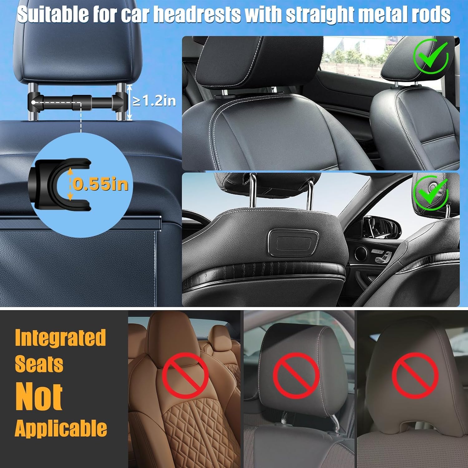najiaxiaowu 2 Pack Tablet Holder for Car,ipad Headrest Mount for 5.5-18.4 Inch Tablet/ipad/Phones Car Tablet Holder with 360°Rotating Adjustable Trip Essentials,Black 2pack-With adjusting rod - Image 6