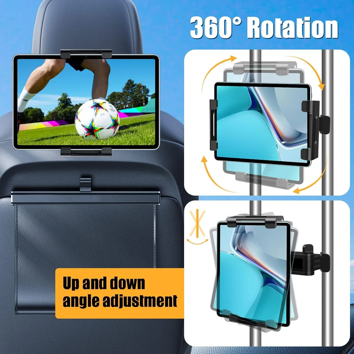 najiaxiaowu 2 Pack Tablet Holder for Car,ipad Headrest Mount for 5.5-18.4 Inch Tablet/ipad/Phones Car Tablet Holder with 360°Rotating Adjustable Trip Essentials,Black 2pack-With adjusting rod - Image 8
