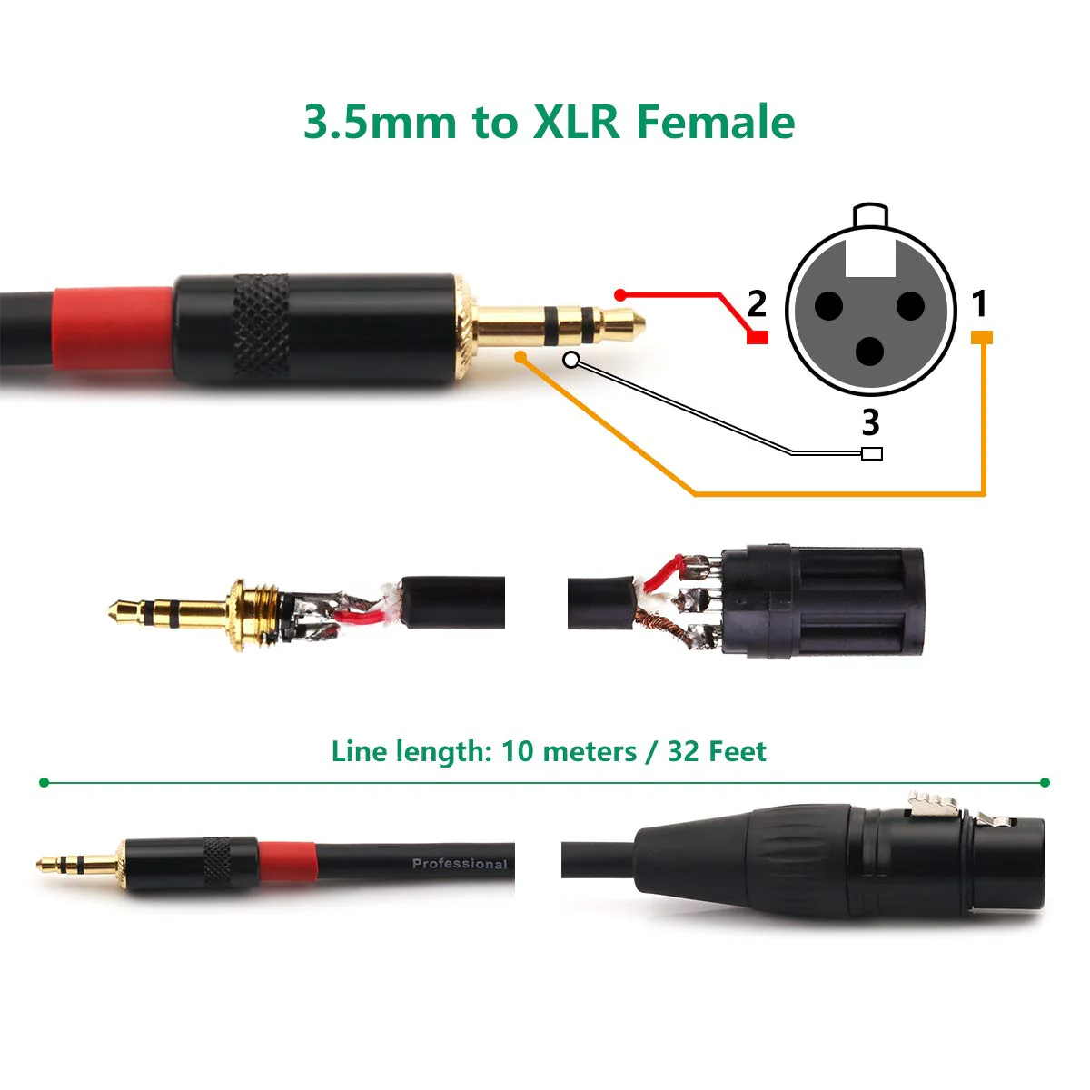 NANYI 3.5mm (1/8 Inch) TRS Stereo Male to XLR Female Interconnect Audio Microphone Cable, Suitable for iPod, Mobile Phone, Active Speakers, Stage, DJ, Studio Audio Console, (10M(32FT)) 10M(32FT) - Image 4