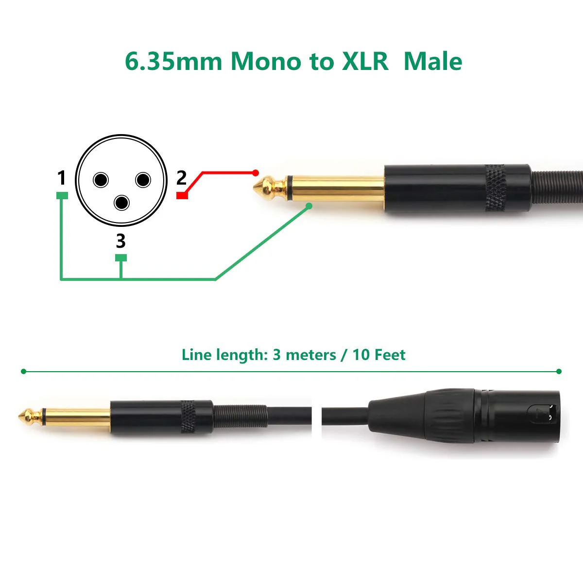 NANYI 6.35mm (1/4 Inch) TS Male to XLR Male Interconnect Audio Microphone Cable, Black/Alloy, Suitable for Microphones, Active Speakers, Stage, DJ, Studio Audio Console, 3M / 10FT XLR-M-10FT - Image 4