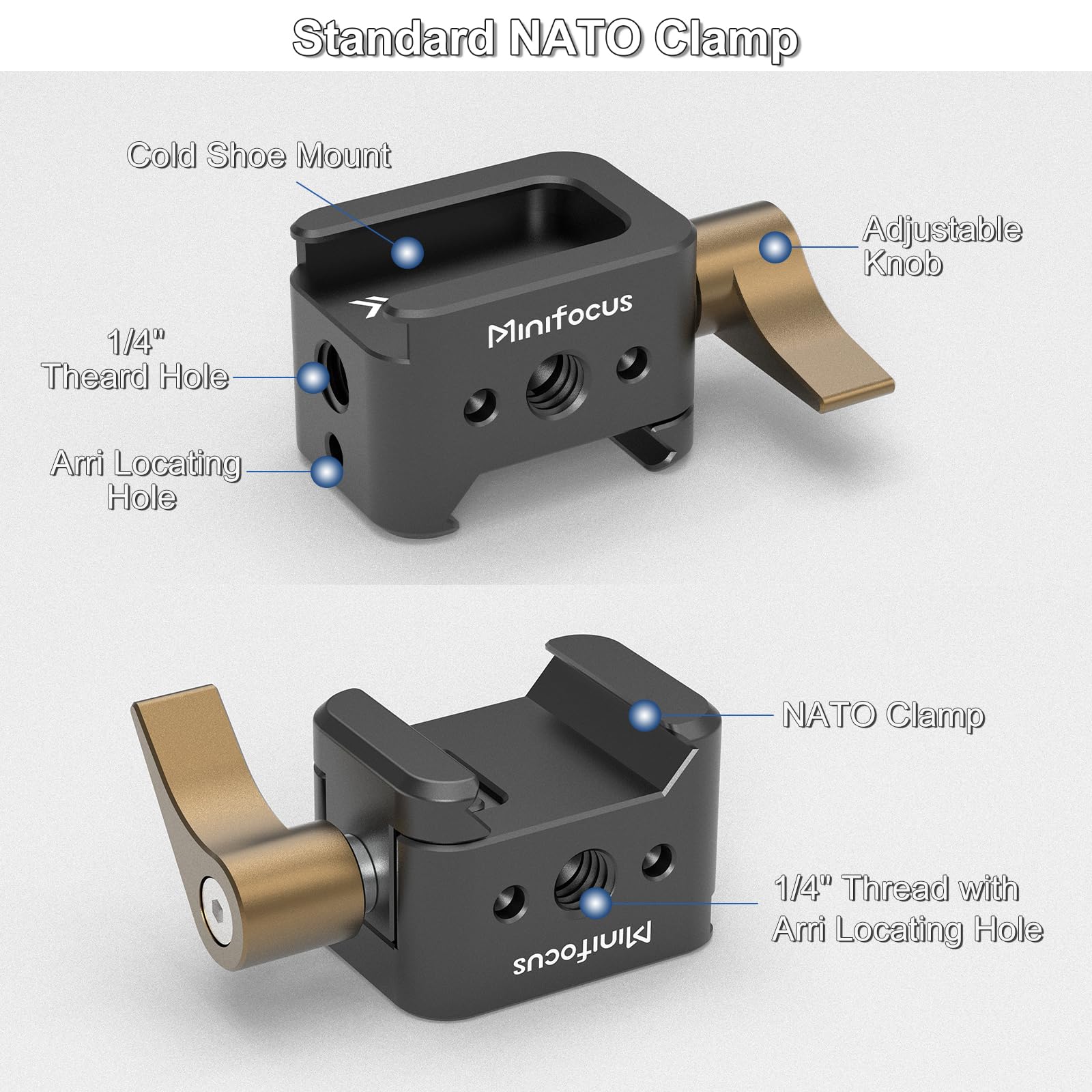 NATO Clamp to Cold Shoe Adapter, Aluminum Alloy Quick Release Rail Lock With 1/4" Threaded ARRI Locating Hole for DJI RS 3 Flash Light Microphone Camera Cage Magic Arm V3505 - Image 2