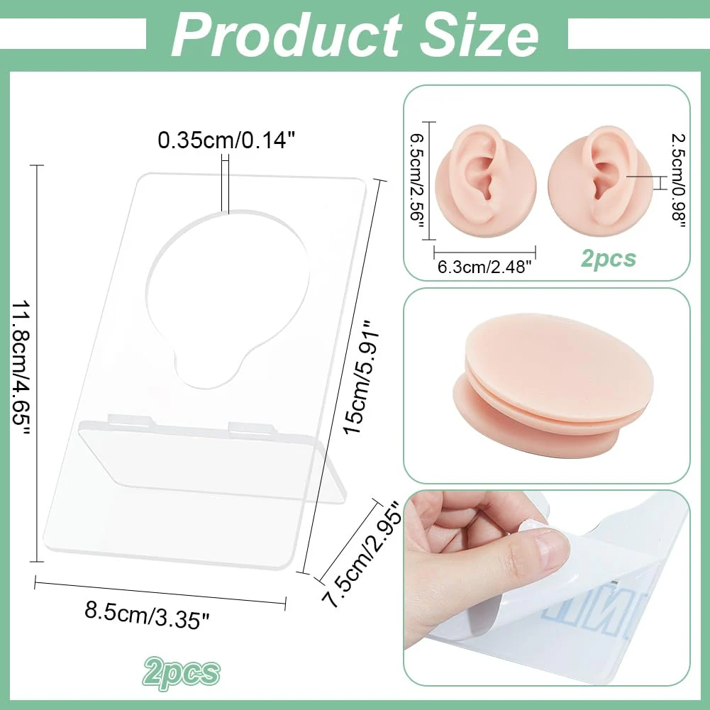 nbeads Set of 2 Silicone Ear Model with Acrylic Stand, Left and Right Flexible Model Piercing Practice Realistic Soft Ear Shape for Jewellery Display Acupuncture Mannequin Teaching - Image 2