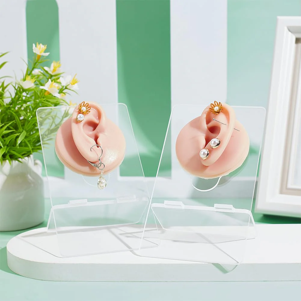 nbeads Set of 2 Silicone Ear Model with Acrylic Stand, Left and Right Flexible Model Piercing Practice Realistic Soft Ear Shape for Jewellery Display Acupuncture Mannequin Teaching - Image 5