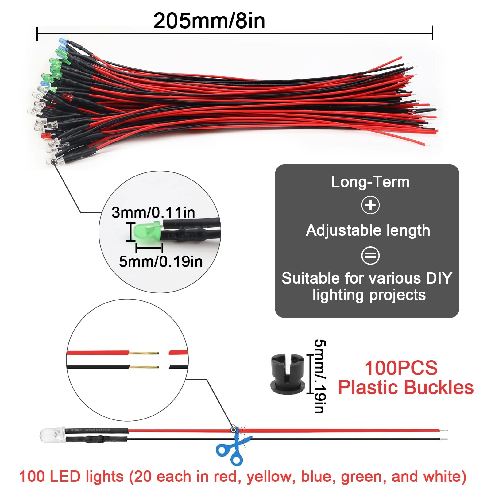 NCTNCX Pack of 100 Pre-Wired LED Diodes Light 12 V 100 Pieces 3 mm LED Mounting Rings Plastic 3 mm LEDs with 20 cm Cable (Red, Yellow, Blue, Green, White, Pack of 20) - Image 2