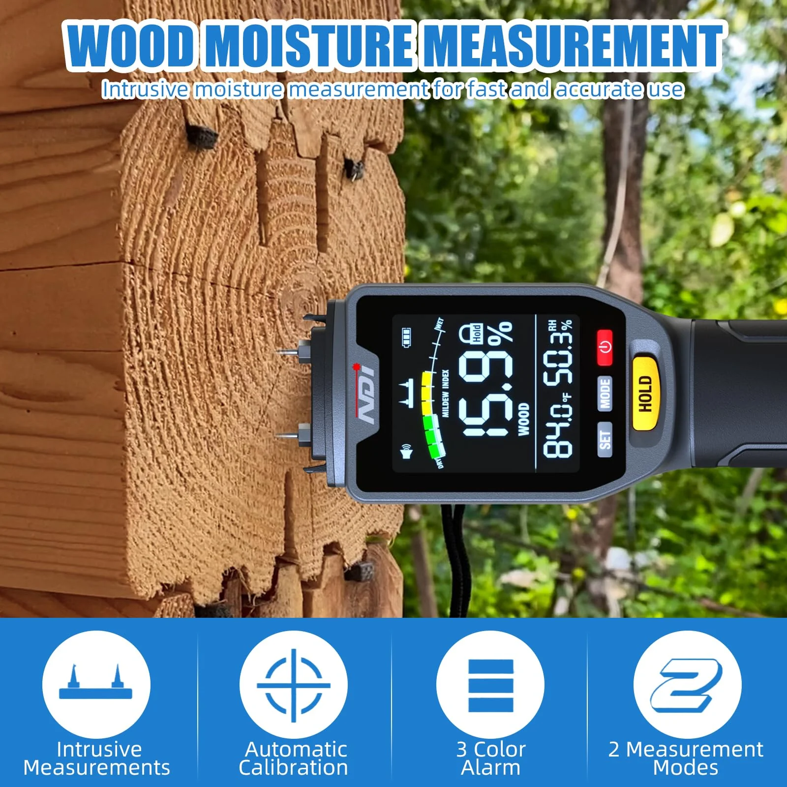 NDI 4 in 1 Pin Moisture Tester, Digital Water Tester, Wood Moisture Meter, Backlit LCD Display Automatic Alarm, Low-battery Indicator, Calibration & HOLD Button for Wood Firewood Lumber Floors - Image 2