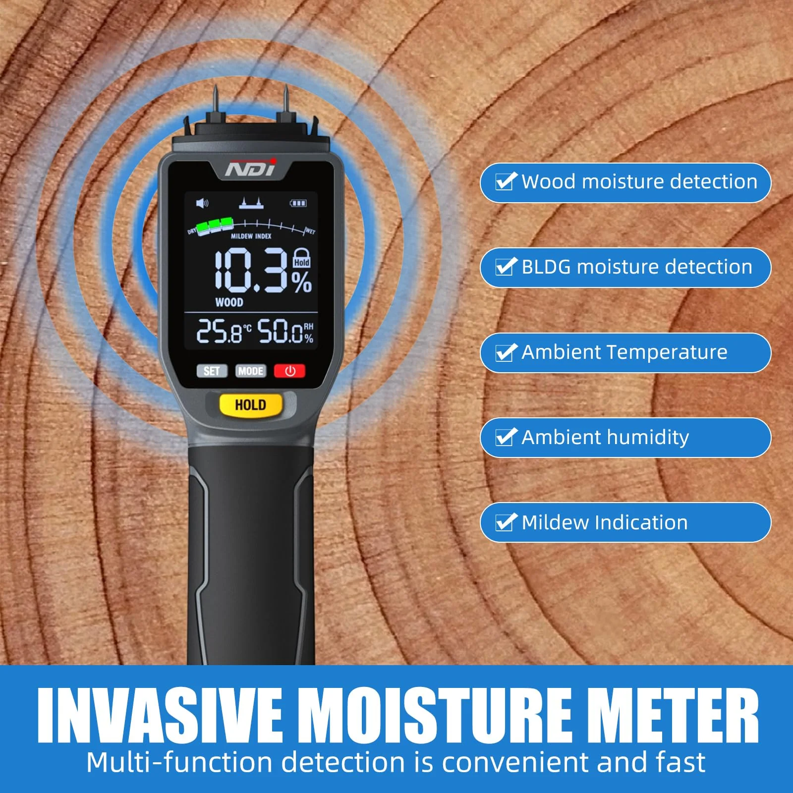 NDI 4 in 1 Pin Moisture Tester, Digital Water Tester, Wood Moisture Meter, Backlit LCD Display Automatic Alarm, Low-battery Indicator, Calibration & HOLD Button for Wood Firewood Lumber Floors - Image 3