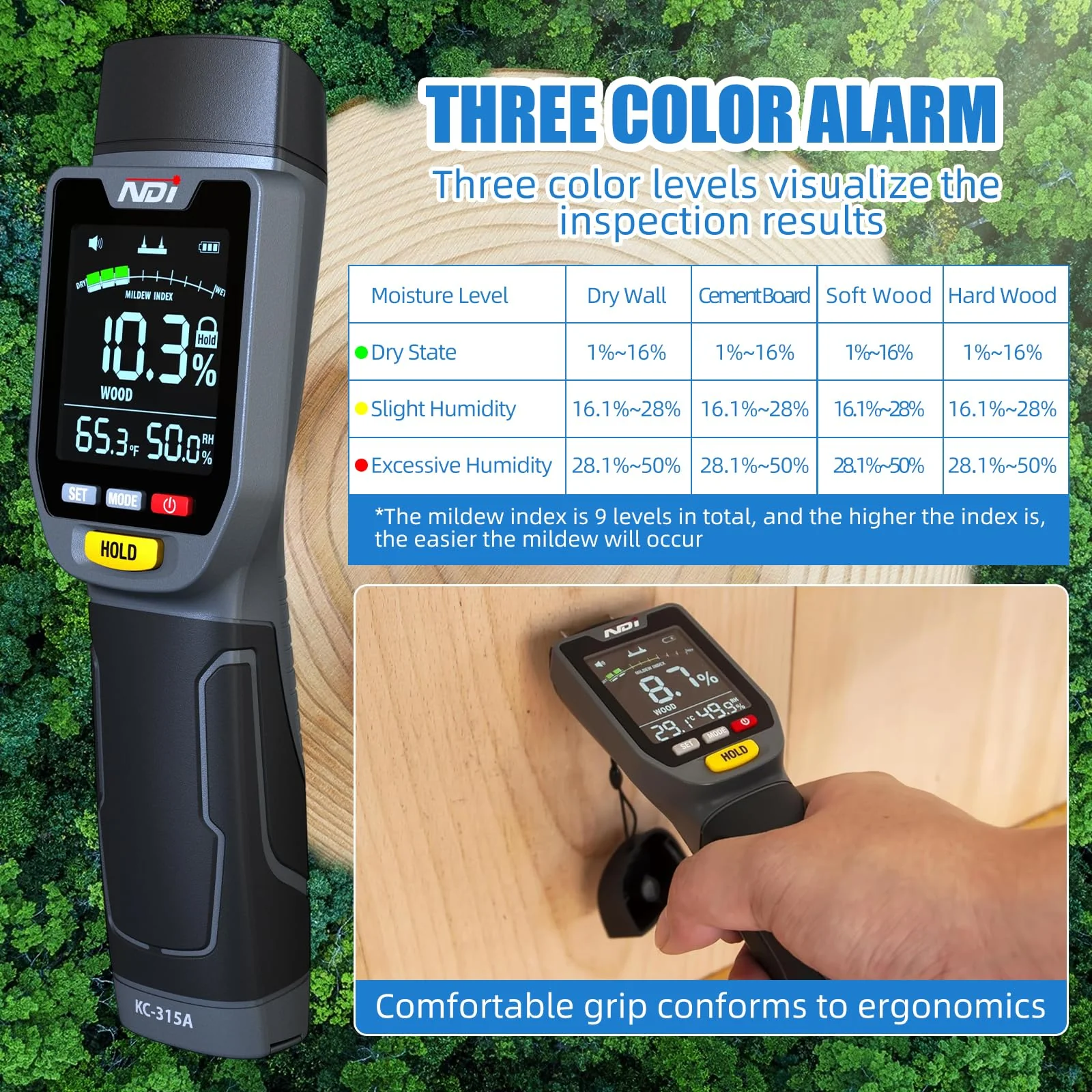 NDI 4 in 1 Pin Moisture Tester, Digital Water Tester, Wood Moisture Meter, Backlit LCD Display Automatic Alarm, Low-battery Indicator, Calibration & HOLD Button for Wood Firewood Lumber Floors - Image 6