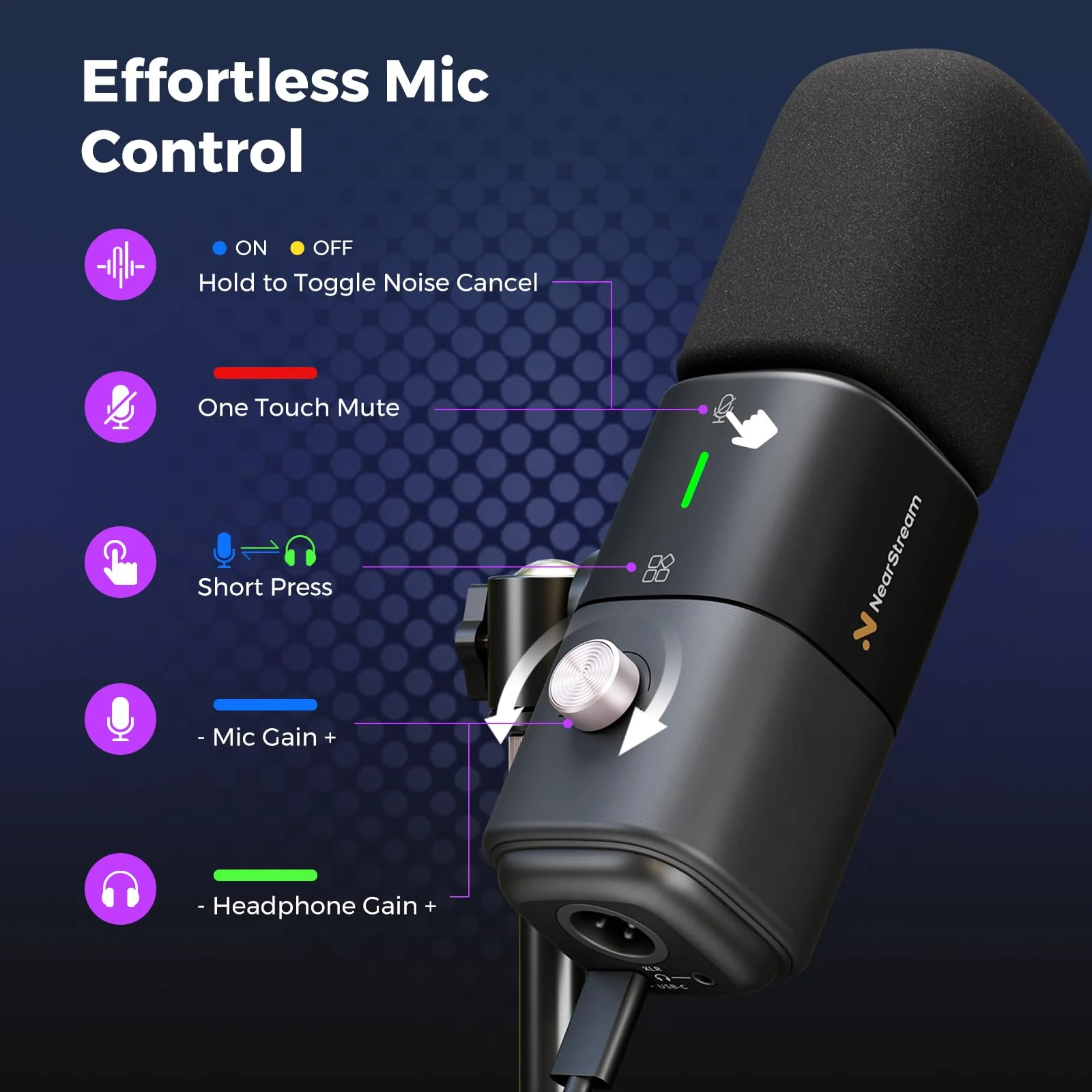 NearStream AM25X Gen2 XLR/USB Condenser Microphone with Noise Canceling/Volume Control/Headphone Jack/Mute, Podcast Microphone for PC/Audio Mixer, Desktop Mic for Stream/Podcast/Gaming/Music Record AM25X XLR/USB Mic with Desk Stand - Image 4