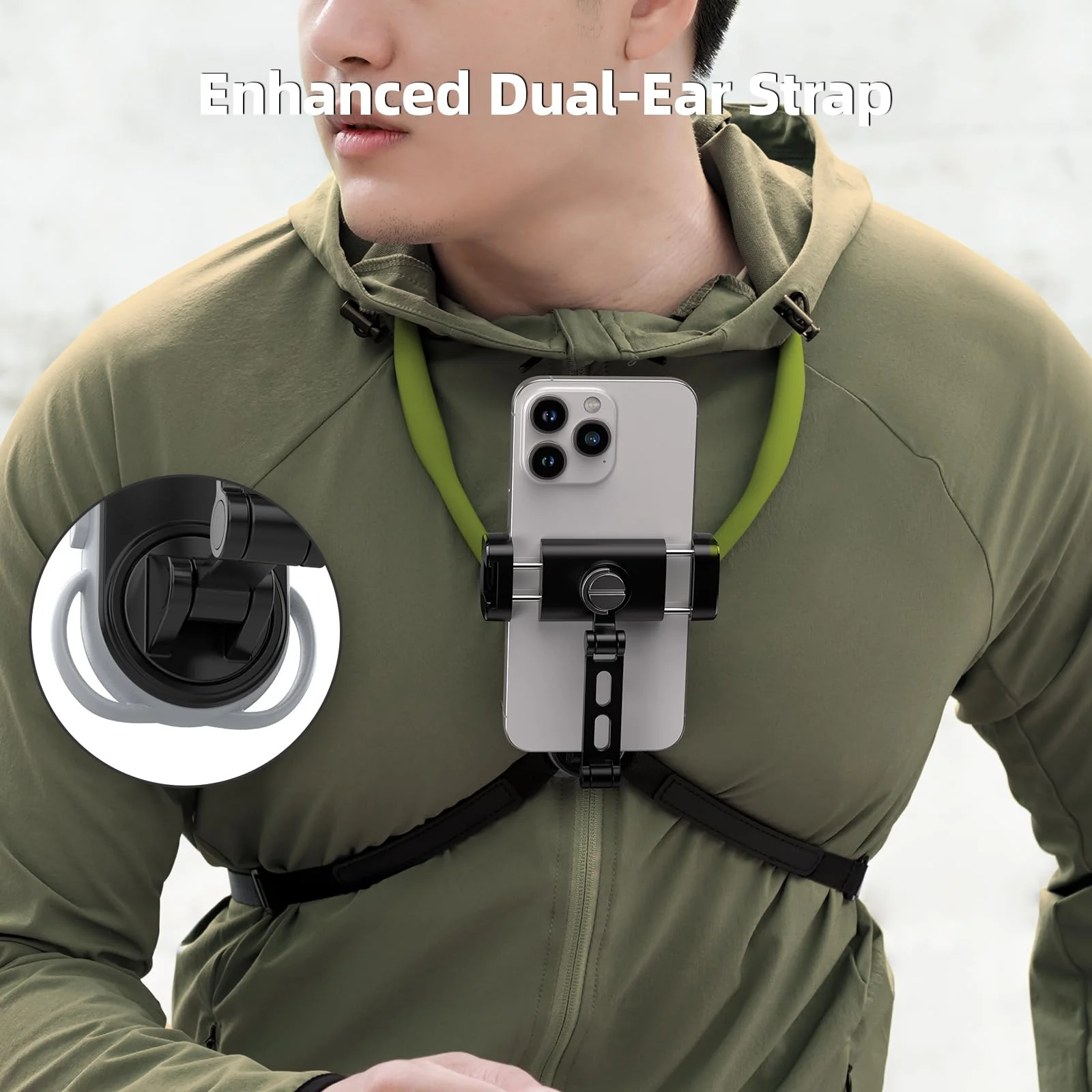 Neck Phone Holder POV/Vlog Neck Mount for Phones with Phone Clip, Hands Free Phone Neck Holder w Chest Strap Neck Selfie Mount Video Recording for iPhone Samsung Google Pixel (Green) Green - Image 5