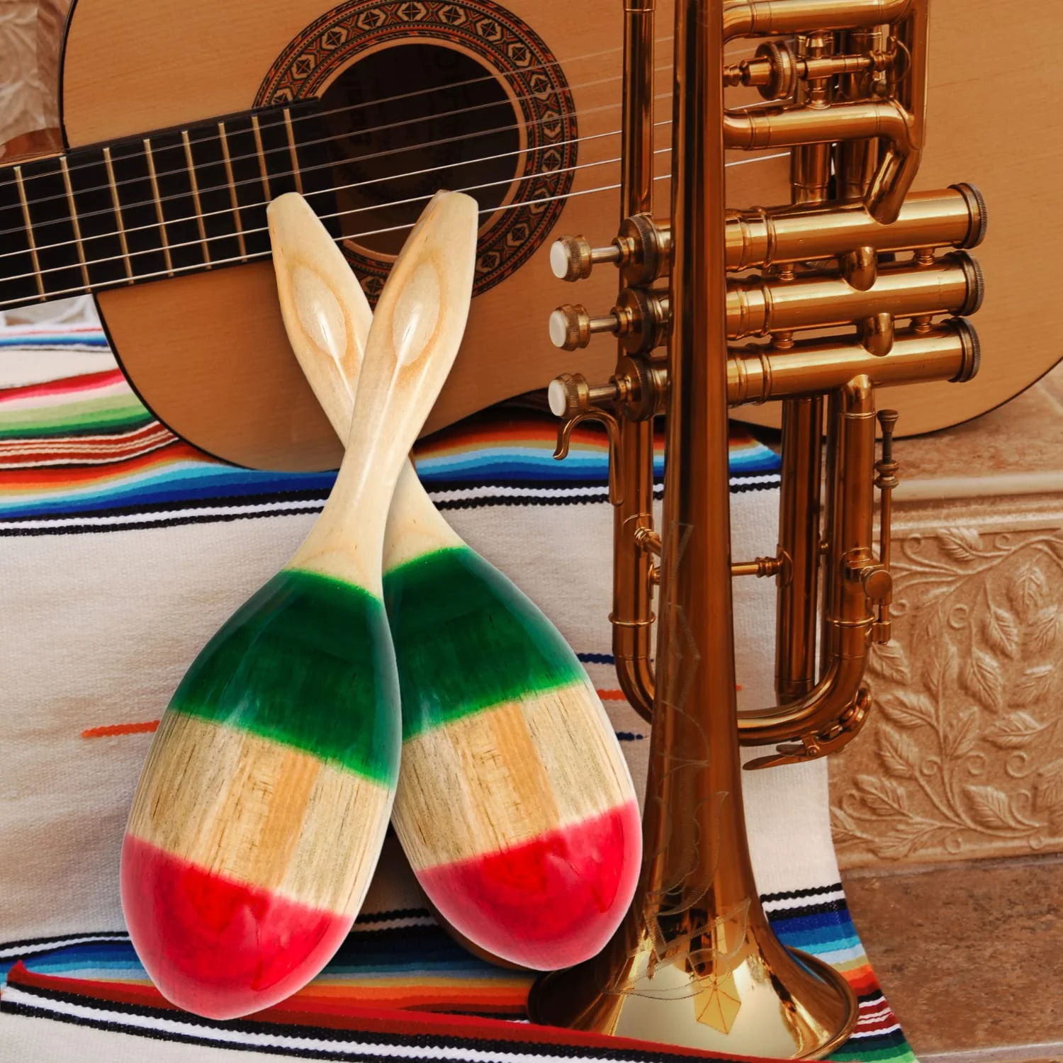 Needzo Maracas Musical Instrument, Large Wooden Tri-Colored with Palm Tree Silhouette, Latin Percussion, for Adults, Set of 2, 12 Inches - Image 4