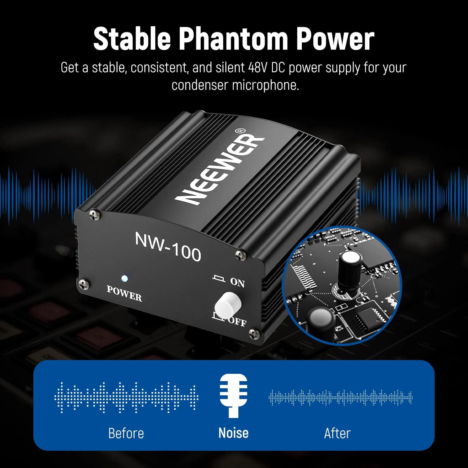 Neewer 1-Channel 48V Phantom Power Supply with Adapter, BONUS+XLR 3 Pin Microphone Cable for Any Condenser Microphone Music Recording Equipment (8 feet) NW-100 - Image 5