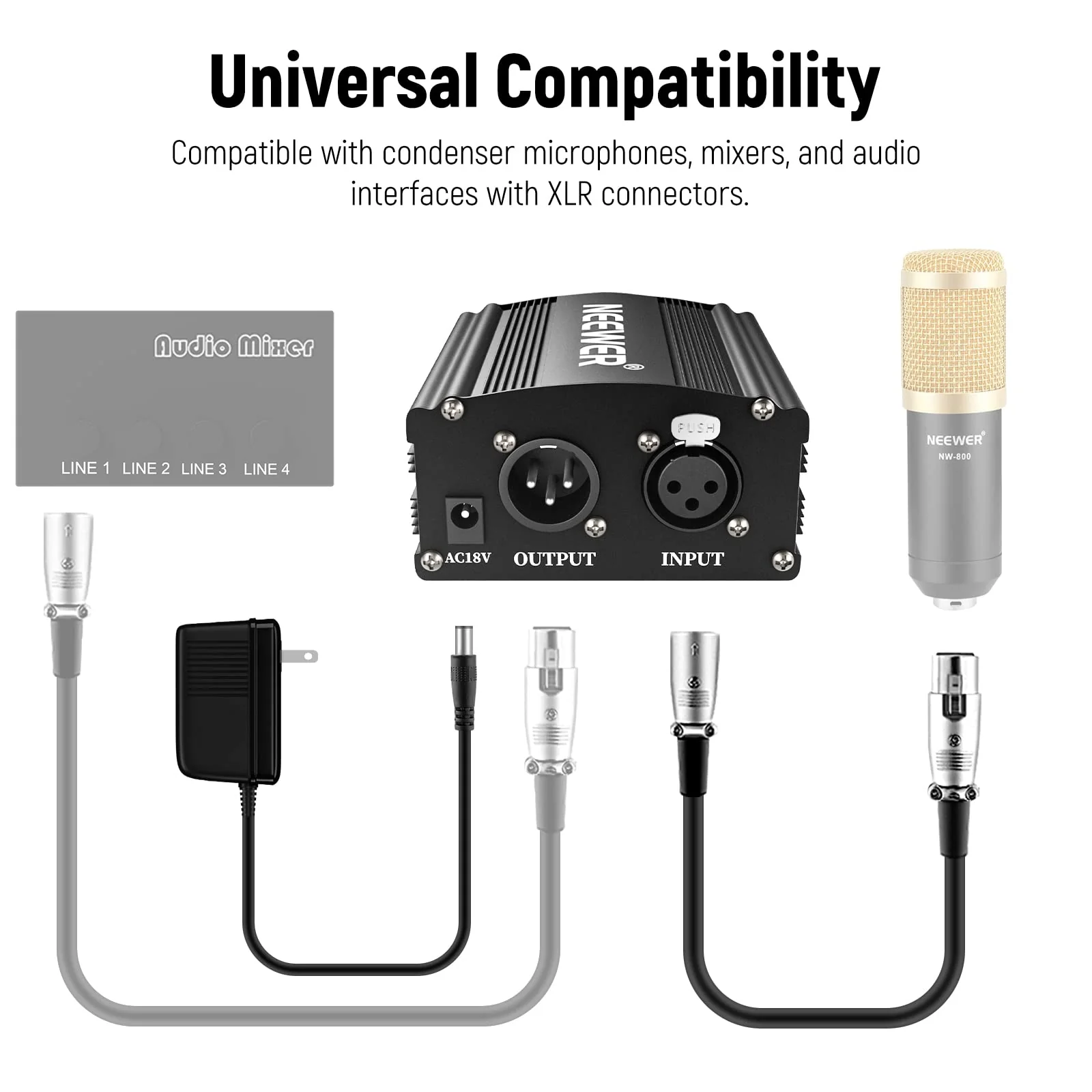 Neewer 1-Channel 48V Phantom Power Supply with Adapter, BONUS+XLR 3 Pin Microphone Cable for Any Condenser Microphone Music Recording Equipment (8 feet) NW-100 - Image 6
