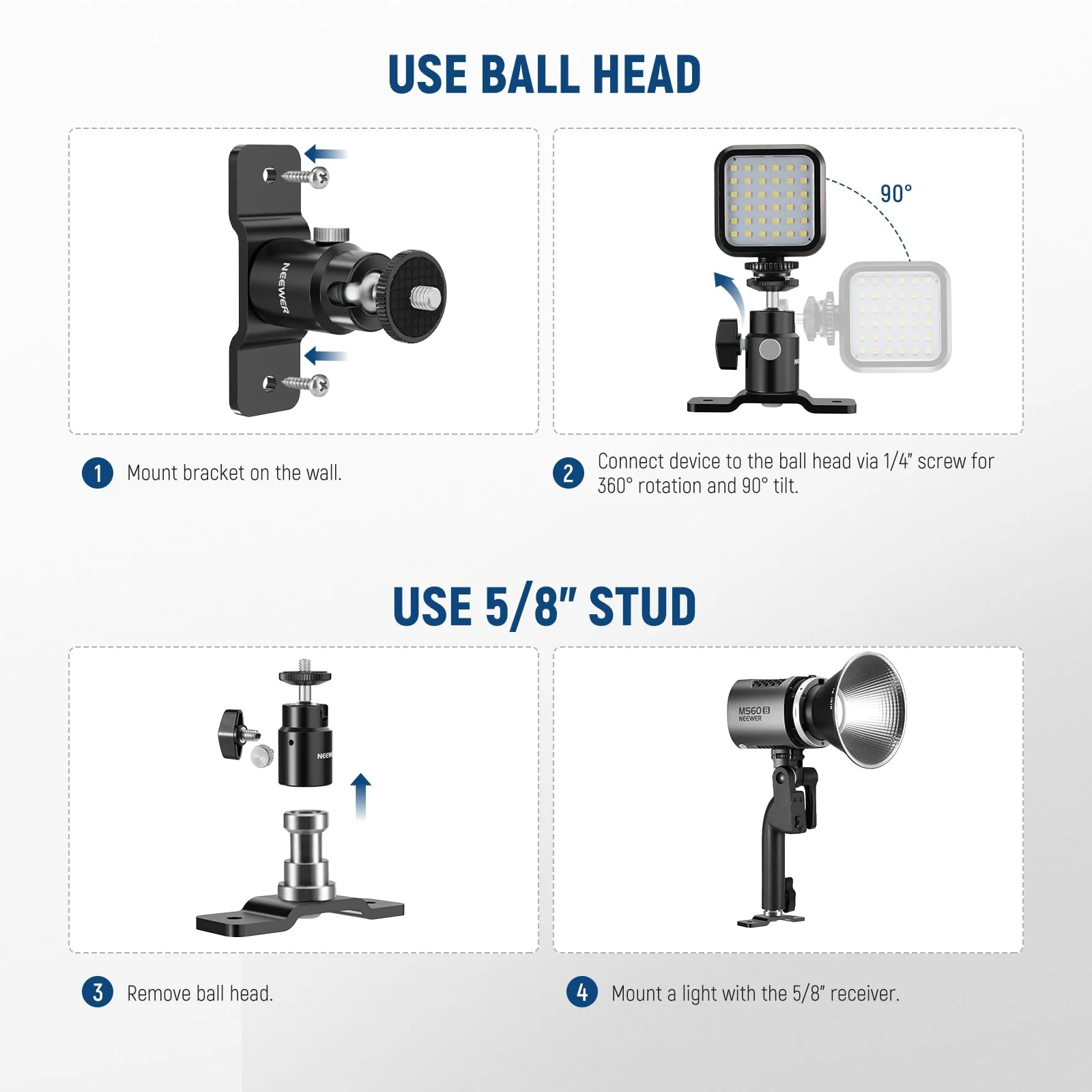 NEEWER 2 Pack T Type Wall Ceiling Mount, Ring Light Wall Mount Bracket with Detachable Ball Head, 5/8" Stud, 1/4" Screw for Flash Strobe Camera Monitor Studio Lighting, Max Load: 4.4lb/2kg, TS008 - Image 3