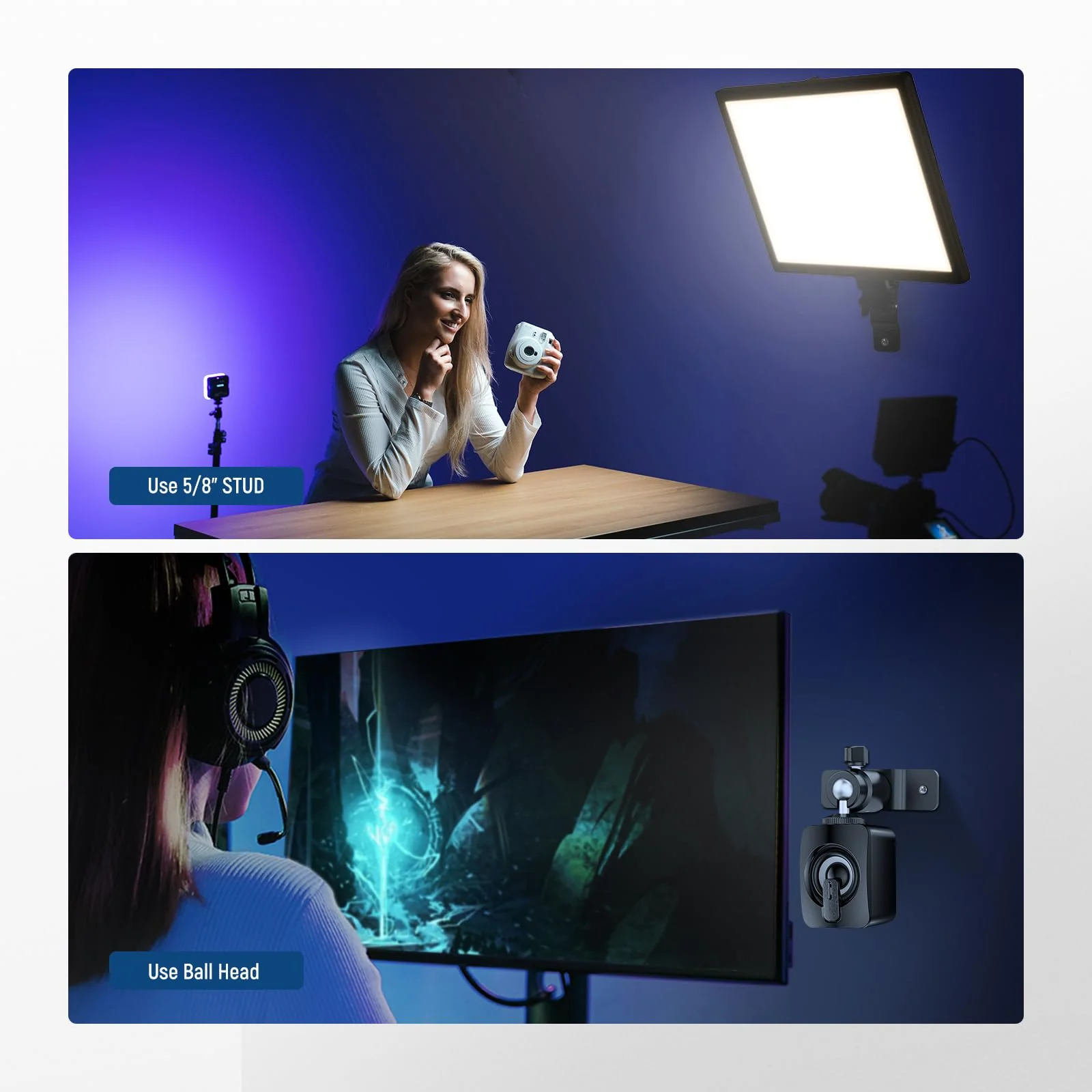 NEEWER 2 Pack T Type Wall Ceiling Mount, Ring Light Wall Mount Bracket with Detachable Ball Head, 5/8" Stud, 1/4" Screw for Flash Strobe Camera Monitor Studio Lighting, Max Load: 4.4lb/2kg, TS008 - Image 4