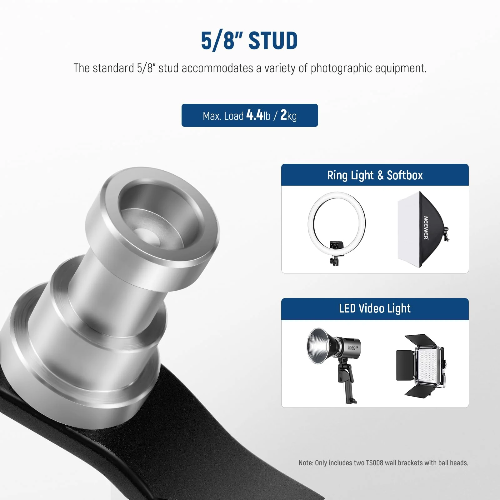 NEEWER 2 Pack T Type Wall Ceiling Mount, Ring Light Wall Mount Bracket with Detachable Ball Head, 5/8" Stud, 1/4" Screw for Flash Strobe Camera Monitor Studio Lighting, Max Load: 4.4lb/2kg, TS008 - Image 5