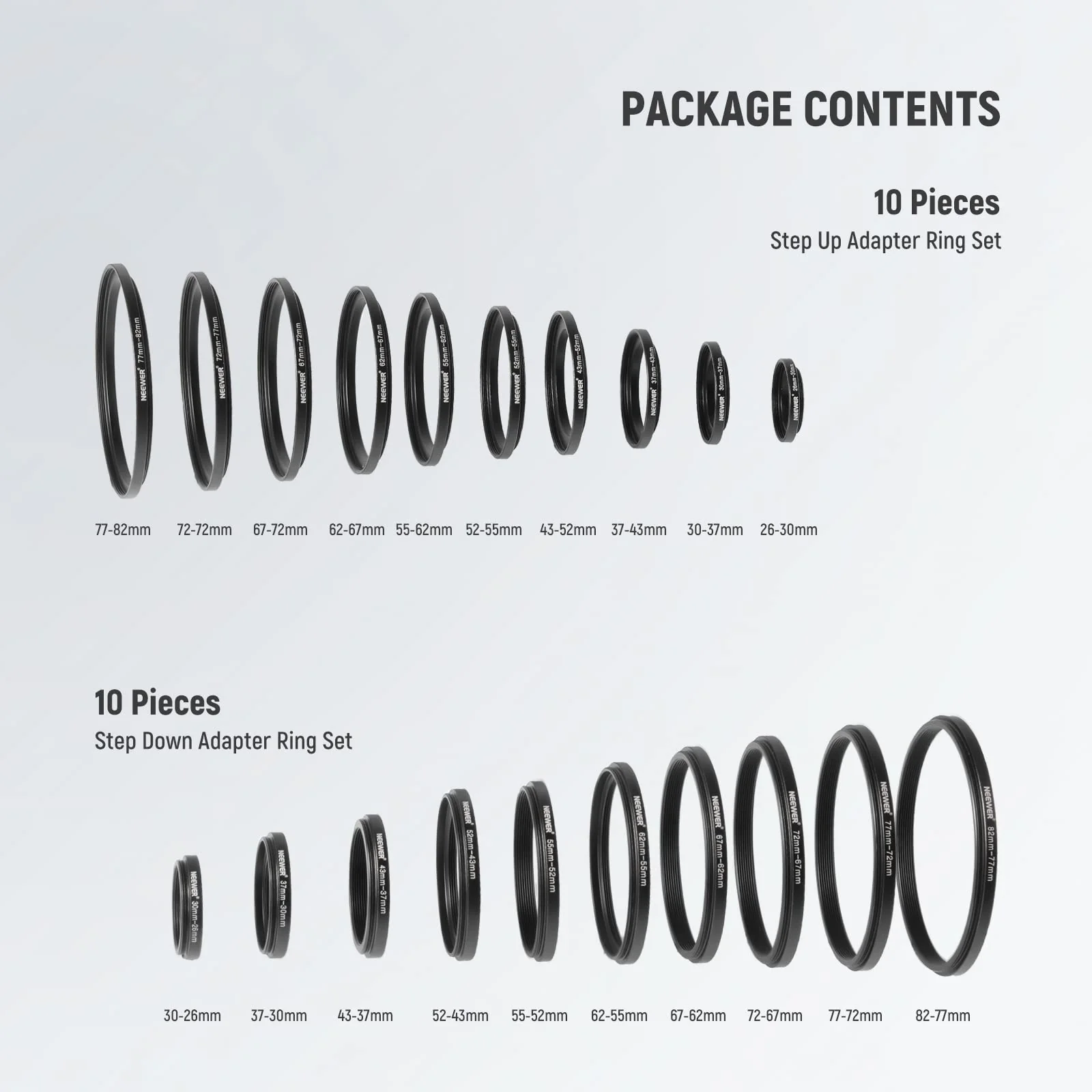 Neewer 20 Anodized Black Metal Lens Filter Adapter Rings - 10 Step Up + 10 Step Down Set 20 Pack - Image 3
