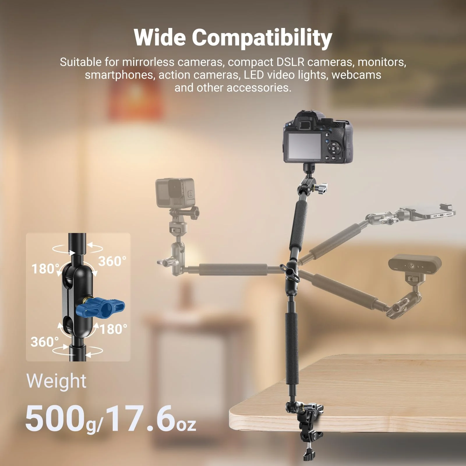 NEEWER 22" Magic Arm w Desk C Clamp, Overhead Camera Mount with Articulating Mic Boom Arm 1/4" 3/8" Threads for ARRI, Desktop Stand Holder for Phone Microphone Webcam Action Camera Video Light, UA057 - Image 2
