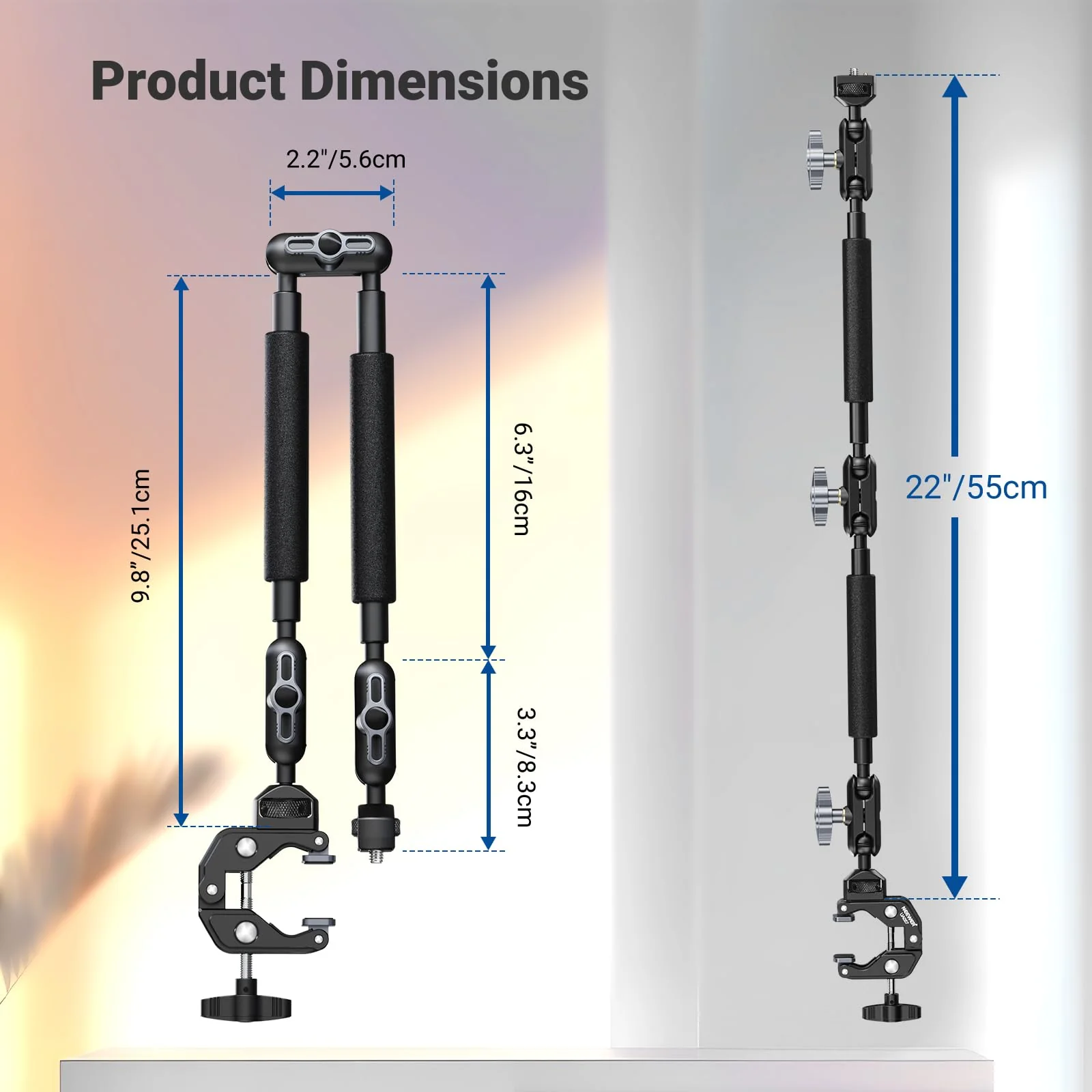 NEEWER 22" Magic Arm w Desk C Clamp, Overhead Camera Mount with Articulating Mic Boom Arm 1/4" 3/8" Threads for ARRI, Desktop Stand Holder for Phone Microphone Webcam Action Camera Video Light, UA057 - Image 7