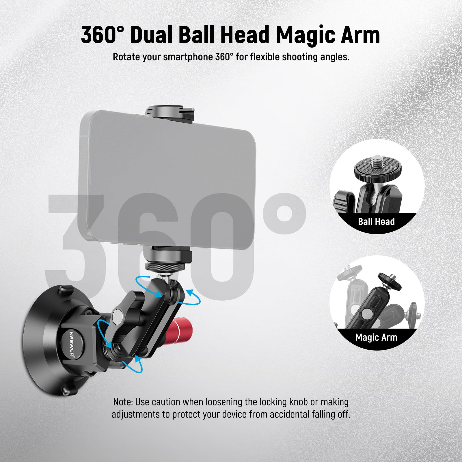Neewer 3" Suction Cup Camera Mount Bracket with Ball Head Magic Arm, 1/4" ARRI Holes, Quick Release Car Mount with Phone Holder & Action Cam Adapter Compatible with iPhone DJI Insta360, CA104 - Image 5