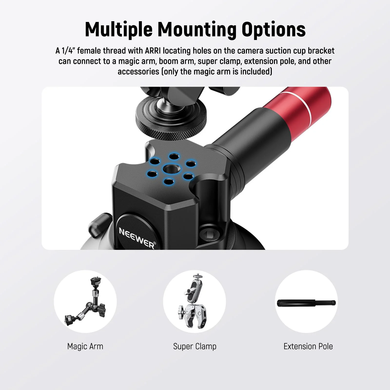 Neewer 3" Suction Cup Camera Mount Bracket with Ball Head Magic Arm, 1/4" ARRI Holes, Quick Release Car Mount with Phone Holder & Action Cam Adapter Compatible with iPhone DJI Insta360, CA104 - Image 6