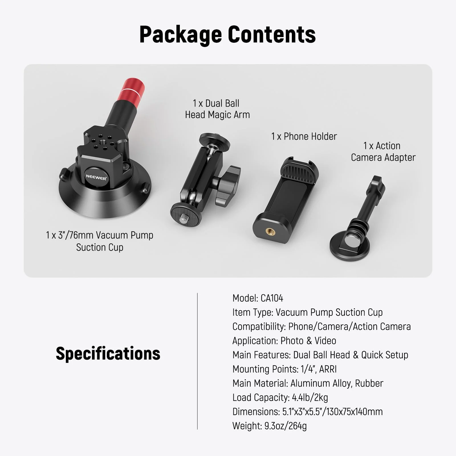 Neewer 3" Suction Cup Camera Mount Bracket with Ball Head Magic Arm, 1/4" ARRI Holes, Quick Release Car Mount with Phone Holder & Action Cam Adapter Compatible with iPhone DJI Insta360, CA104 - Image 7